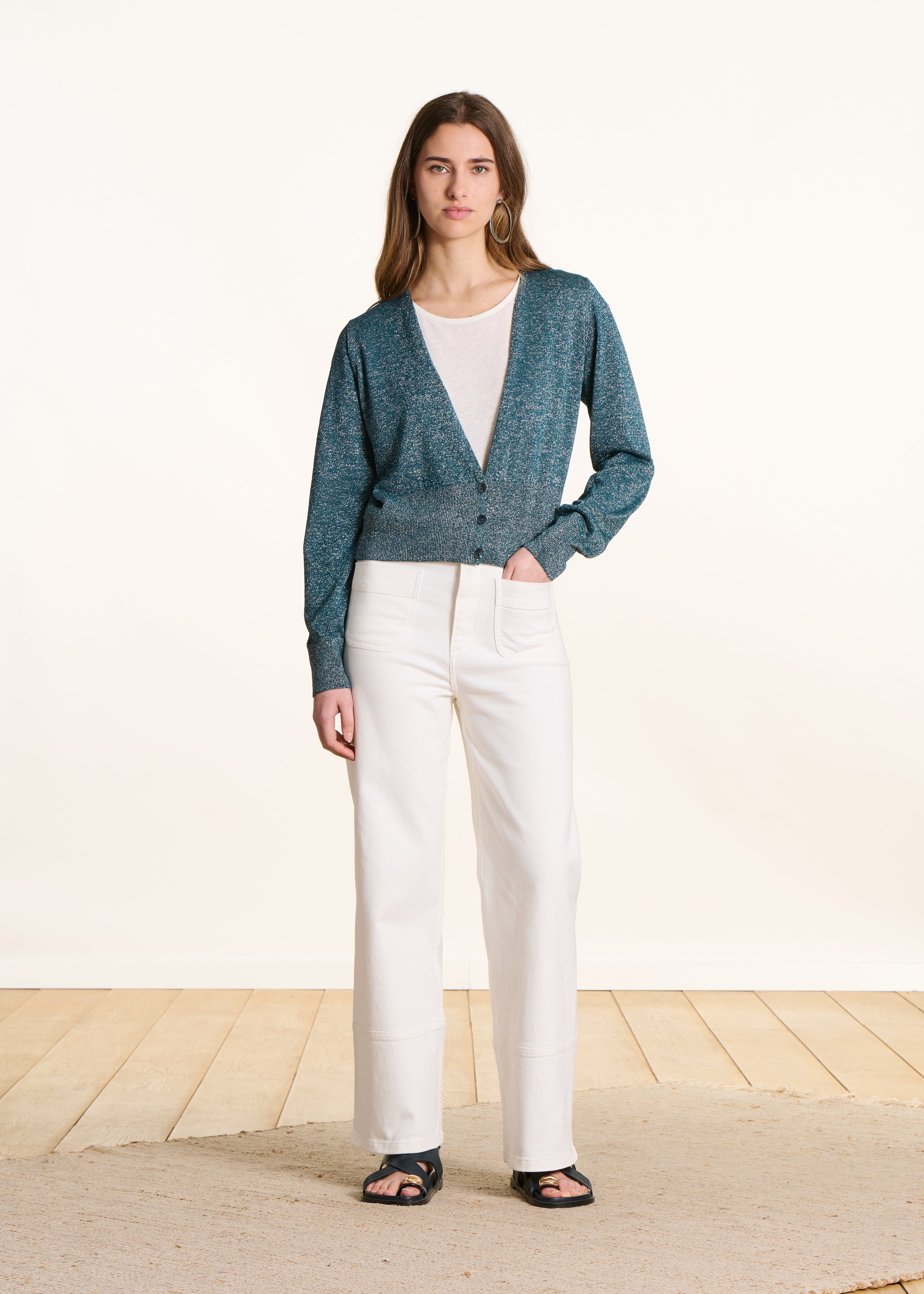 Gilet aderente in maglia fine iridescente blu petrolio