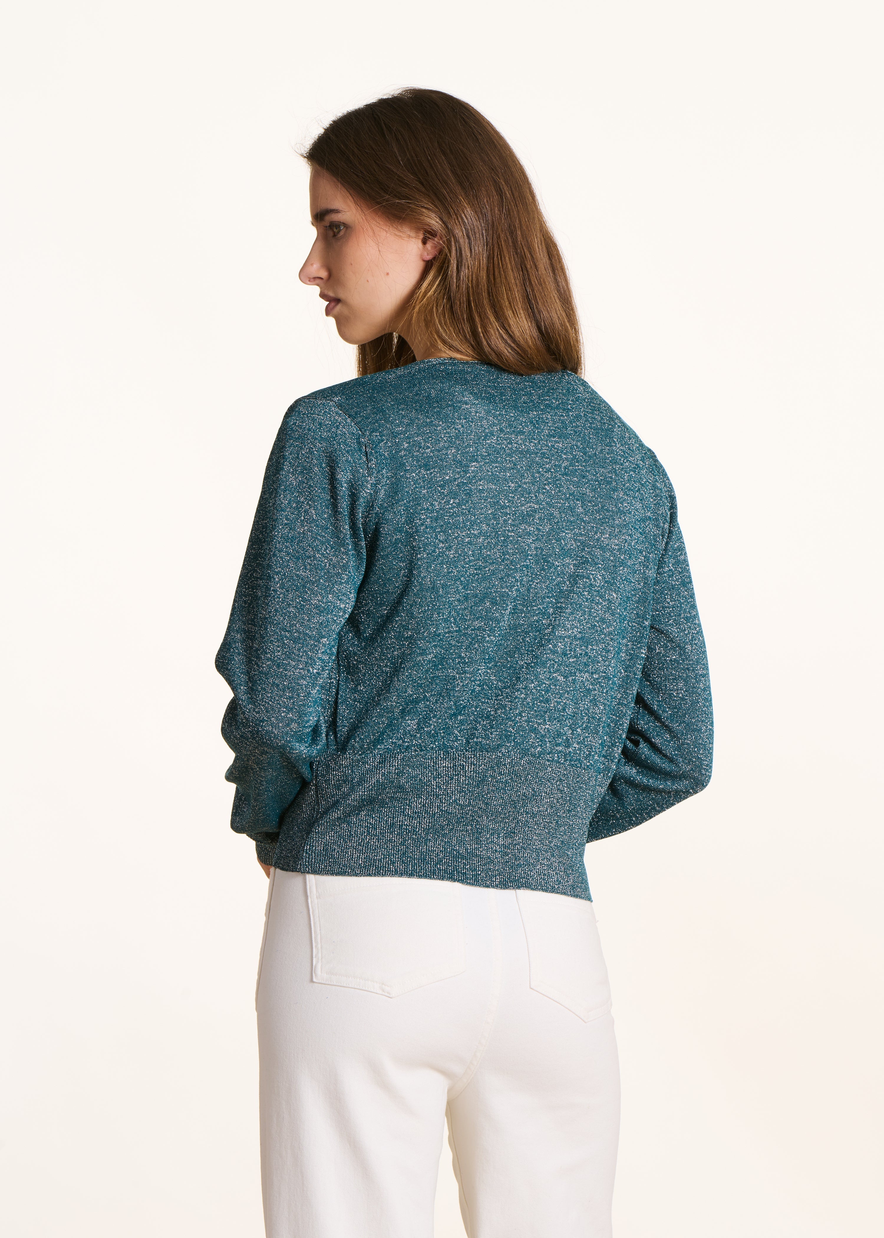Gilet aderente in maglia fine iridescente blu petrolio