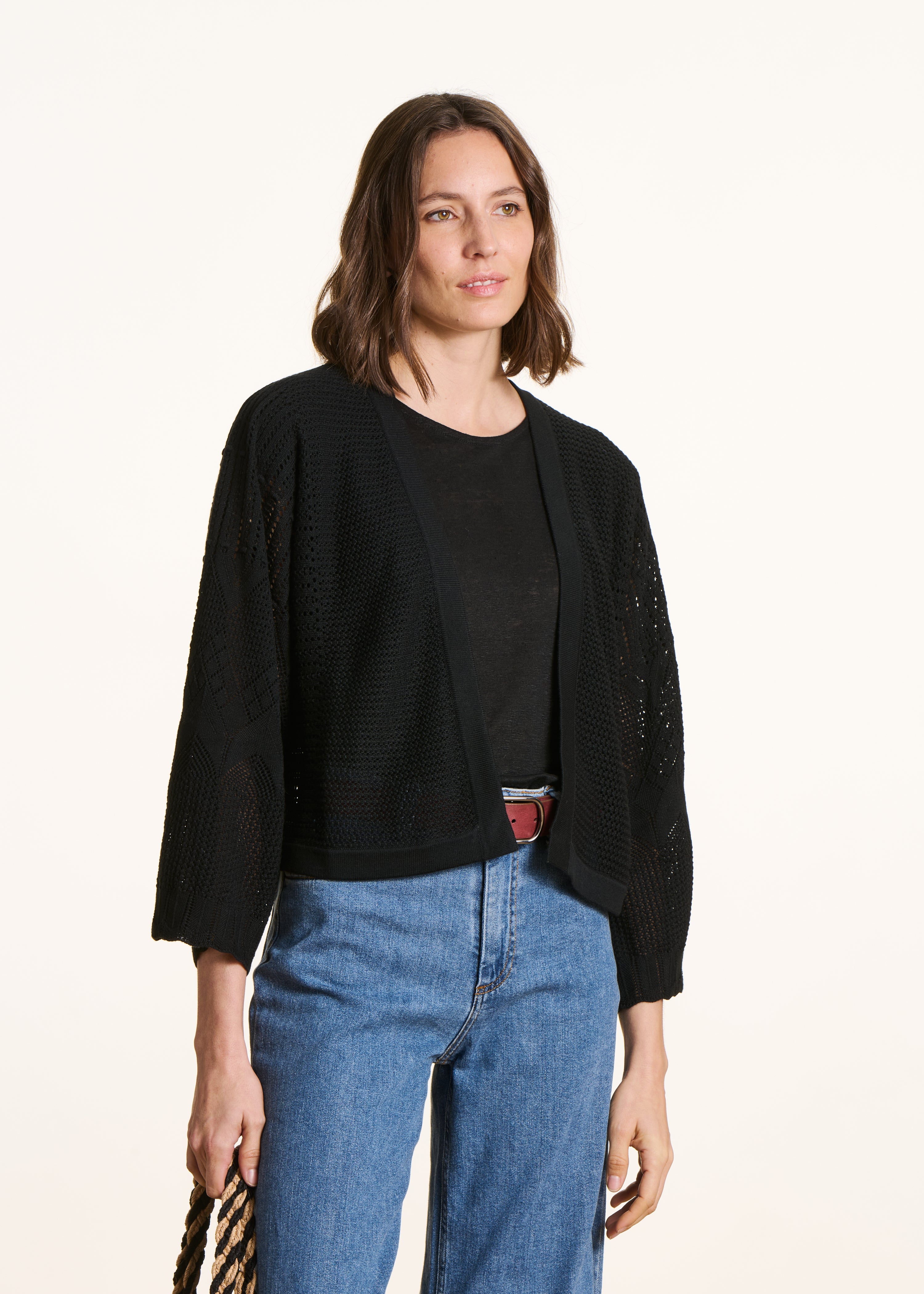 Short black cardigan in pointelle knit