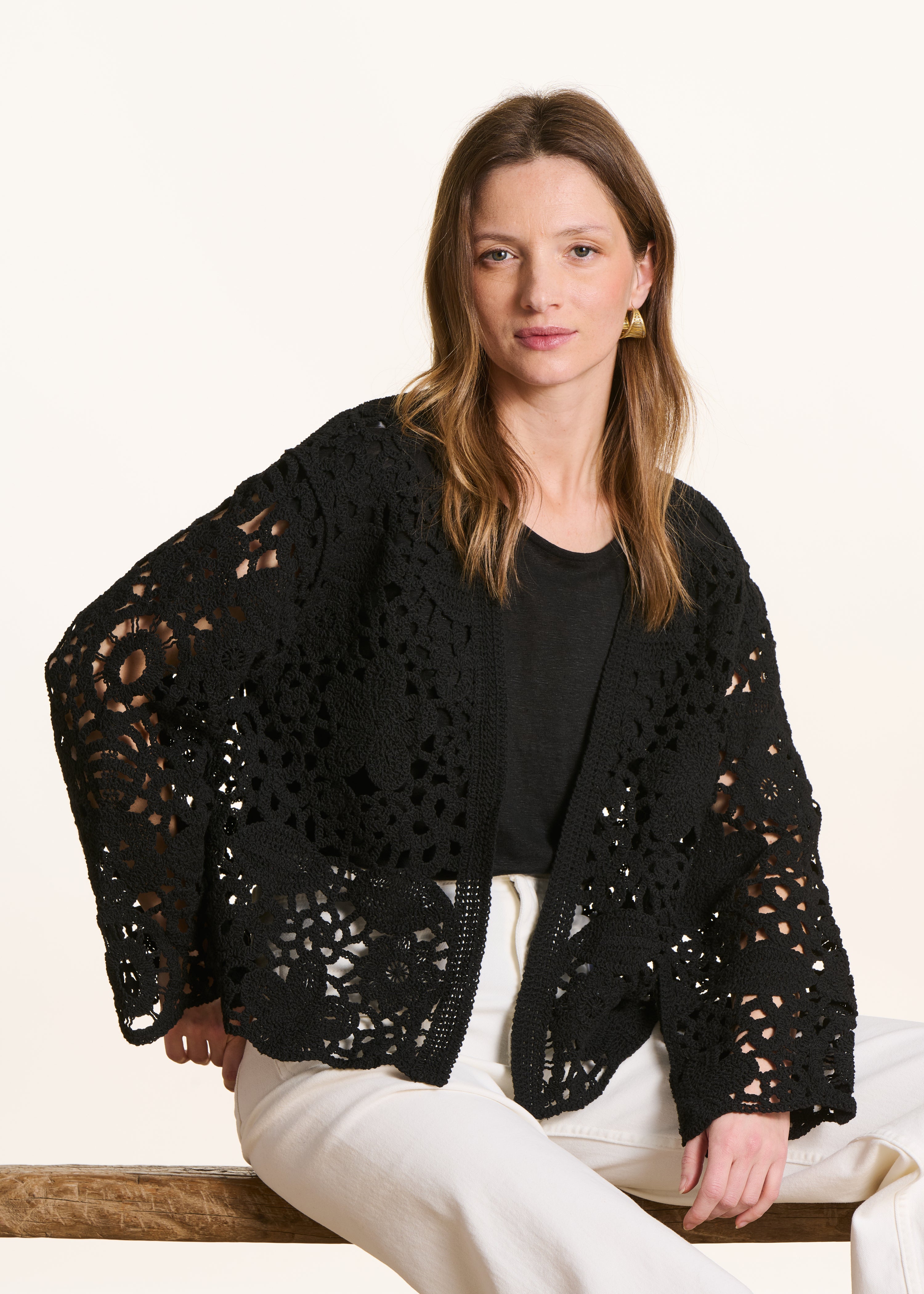 Open short cardigan in black crochet knit