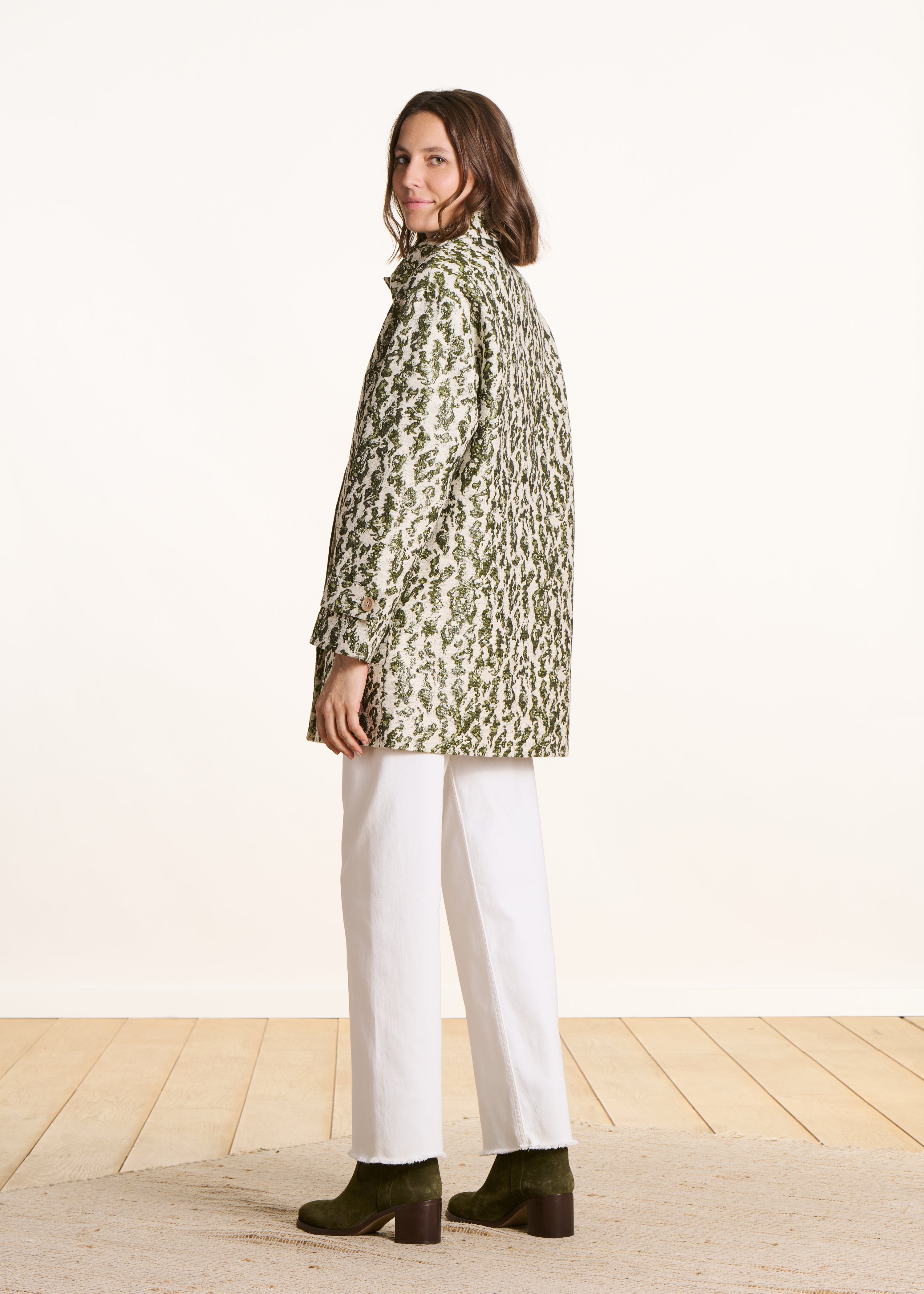3/4 Coat in Khaki Jacquard