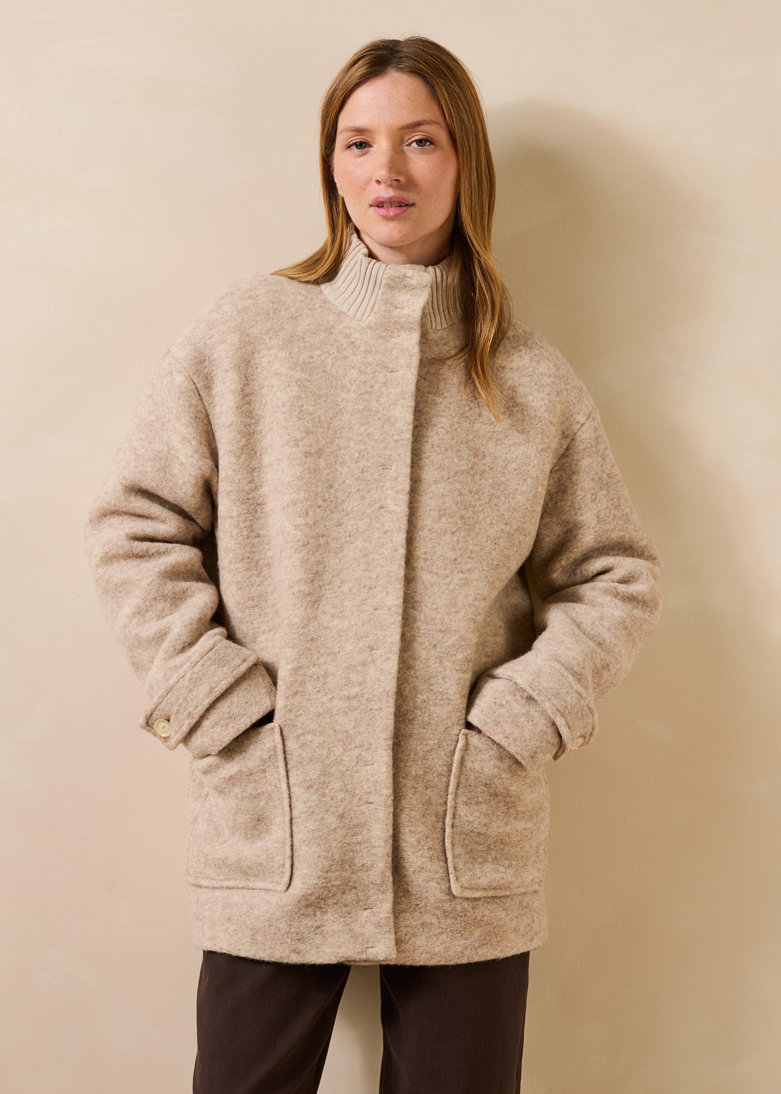 Manteau 3/4 doublé en laine mélangée beige