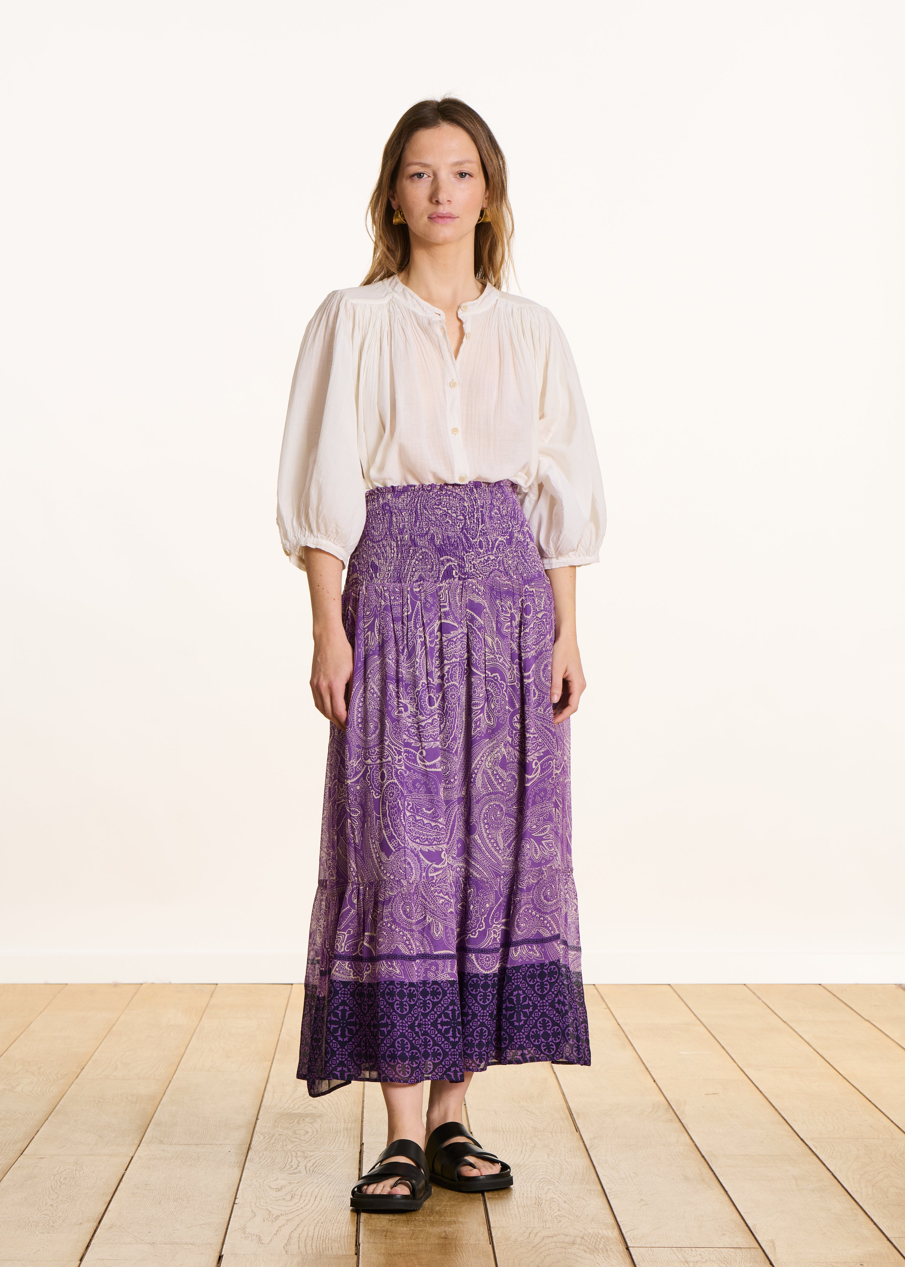Long purple voile skirt with print and smocking