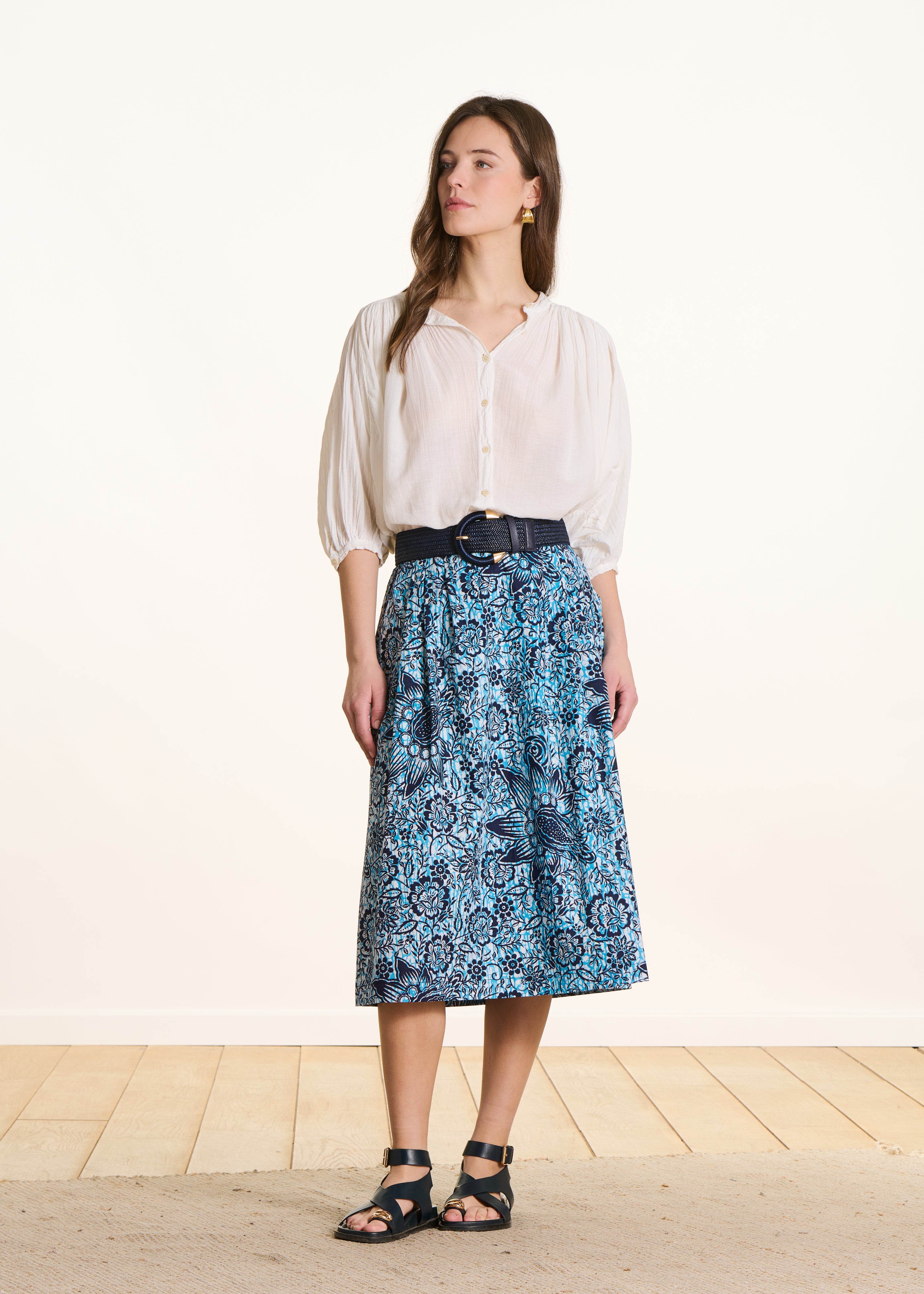 Langer blauer Rock aus Baumwoll-Popeline mit Blumenmuster