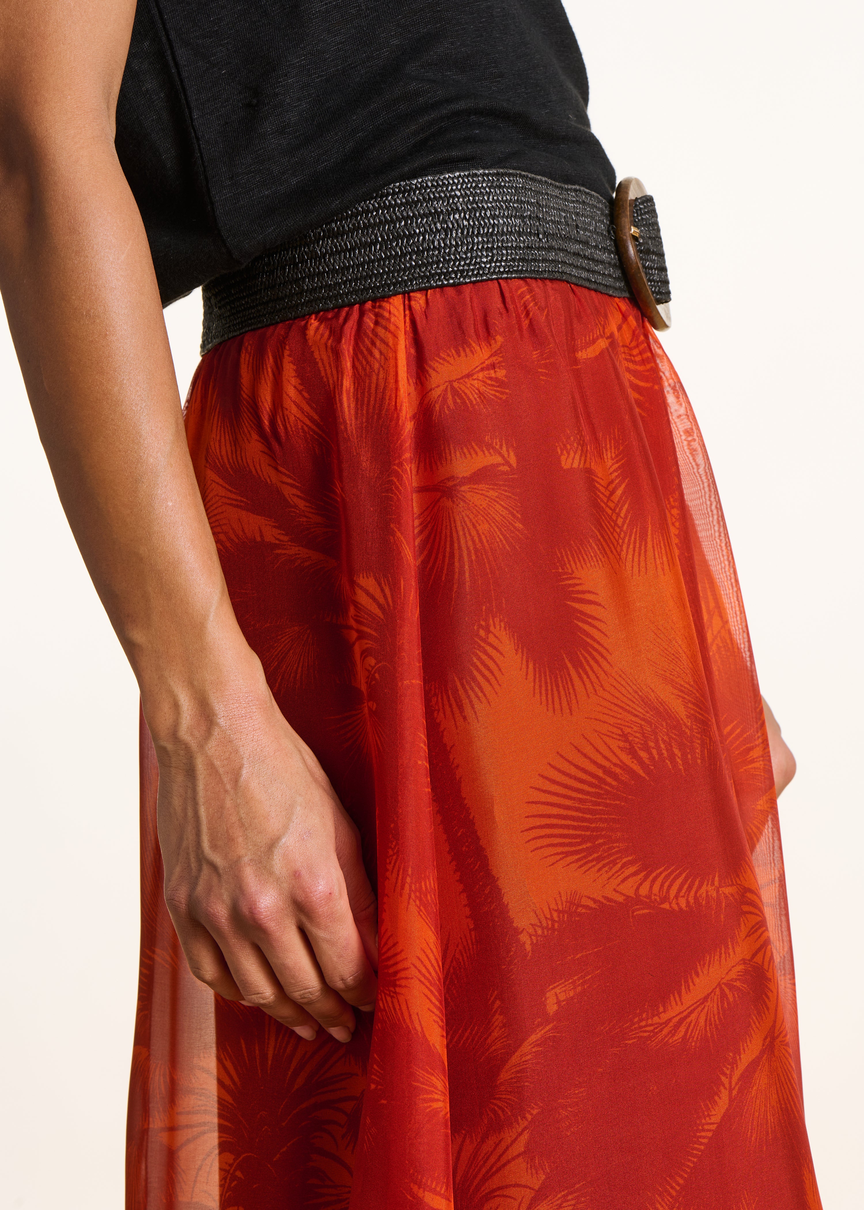 Orange elasticated midi skirt in printed voile