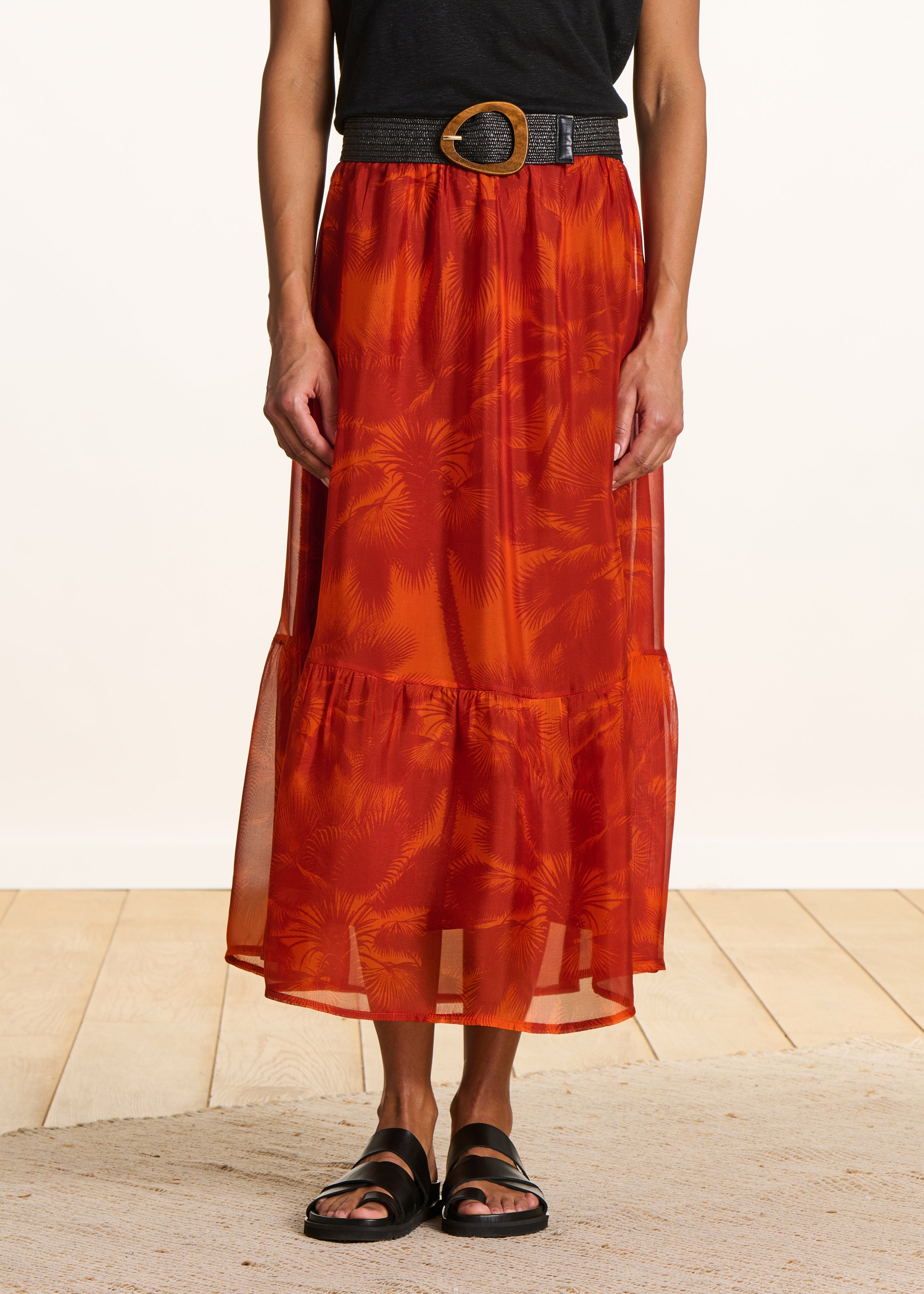 Orange elasticated midi skirt in printed voile