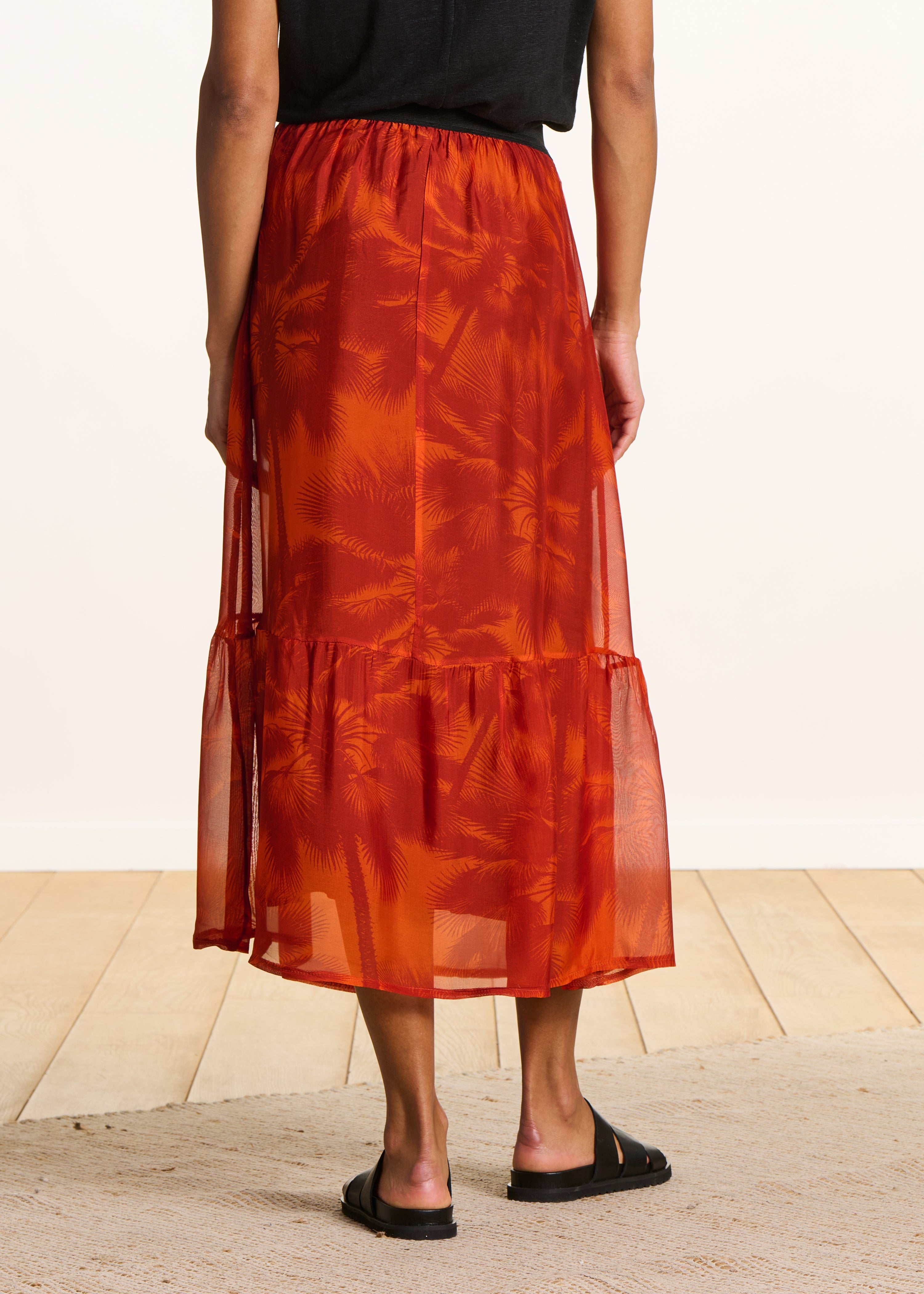 Orange elasticated midi skirt in printed voile