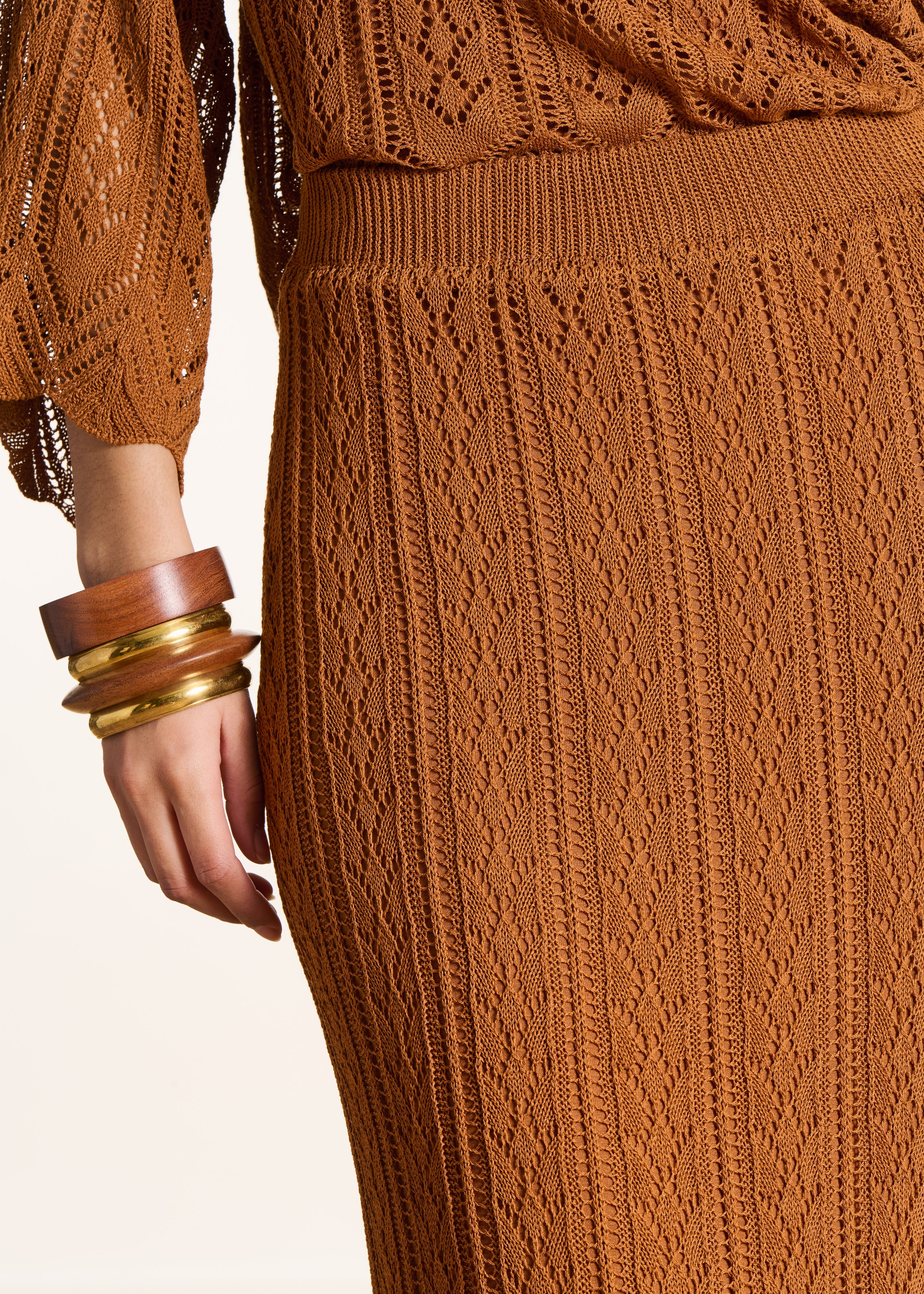 Brown Mid-Length Openwork Knit Skirt