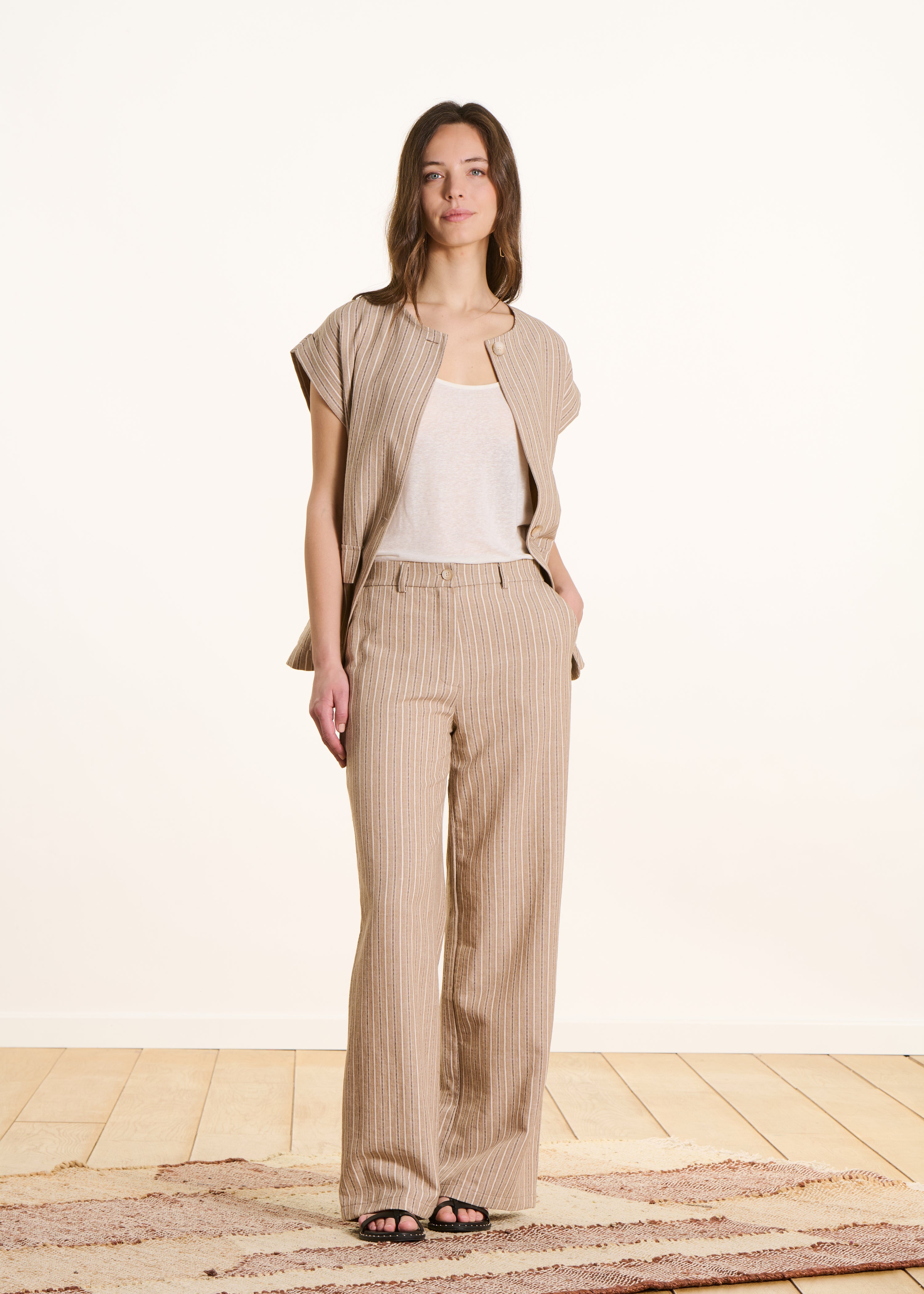 Beige striped high-waisted straight and wide trousers