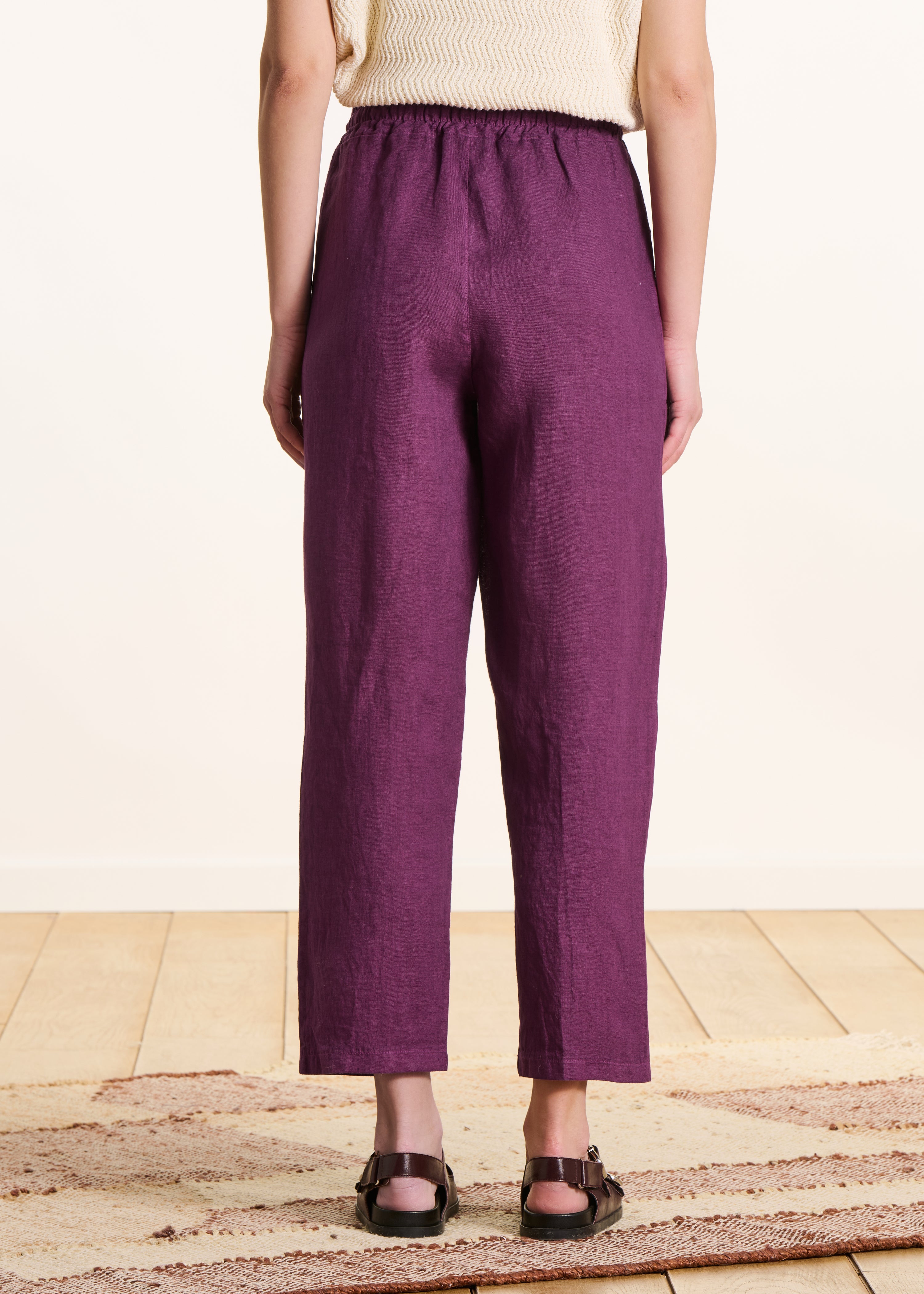 Pantalon 7/8ème en lin violet taille élastiquée