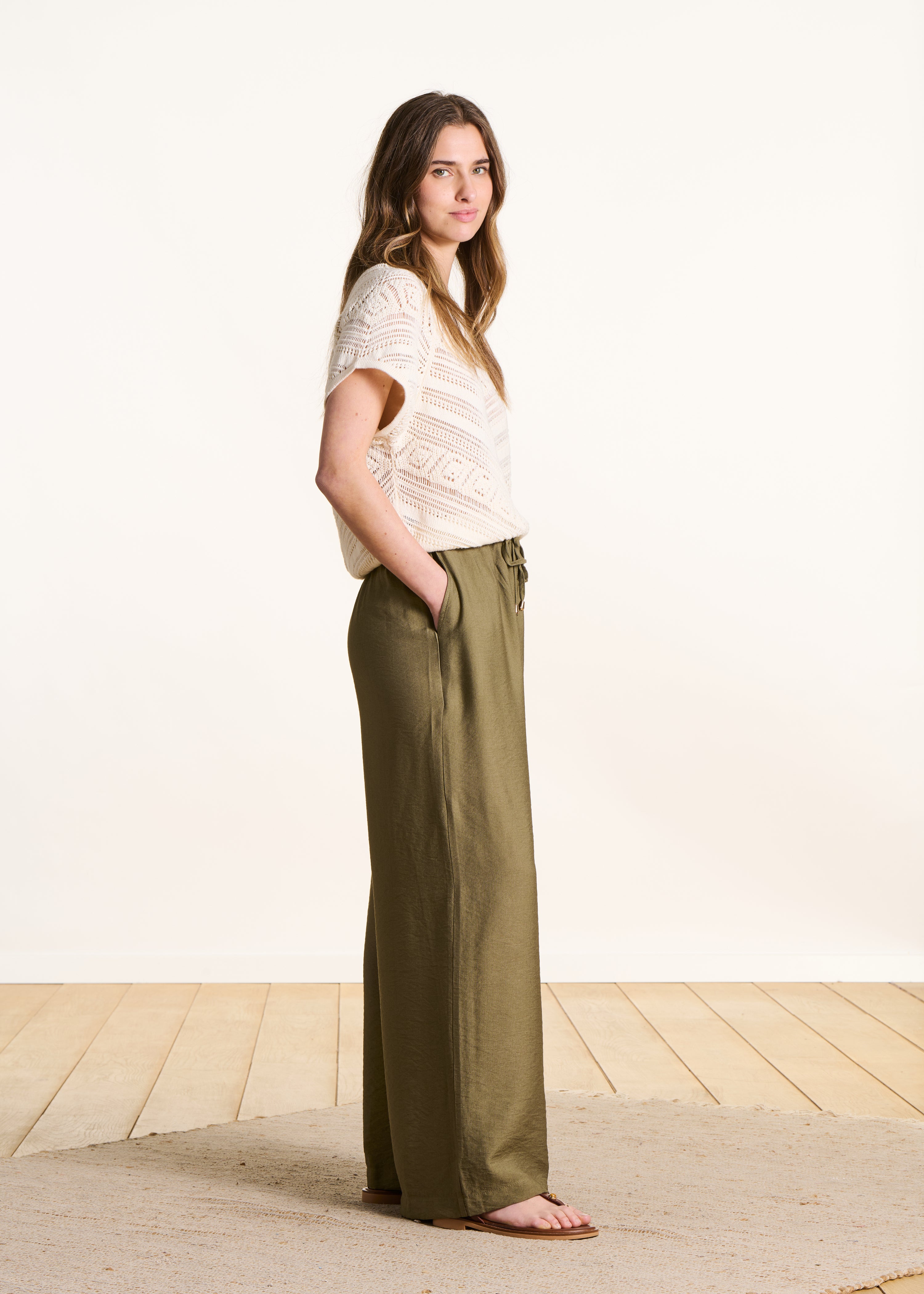 Pantalon large kaki taille élastiquée