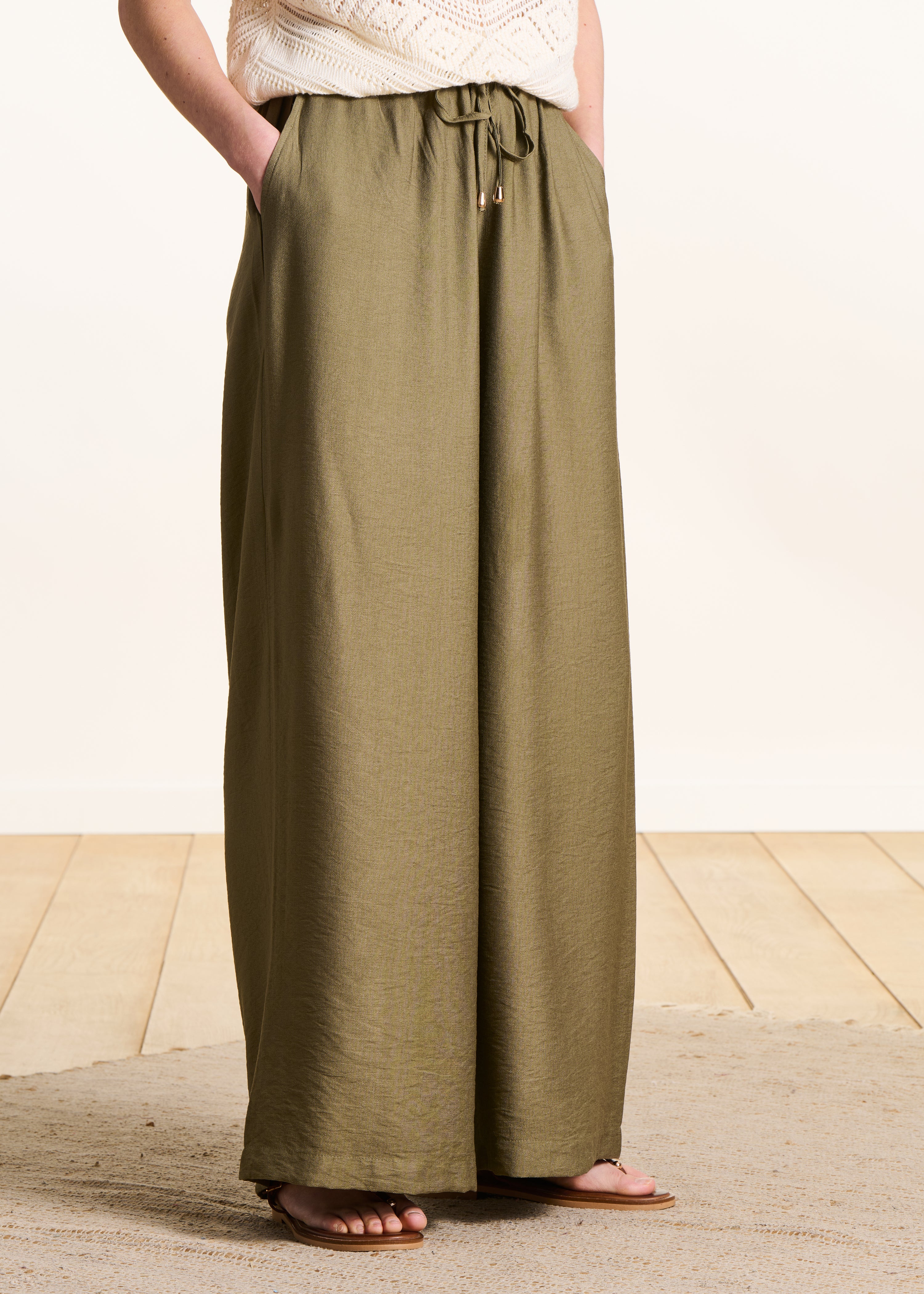 Pantalon large kaki taille élastiquée