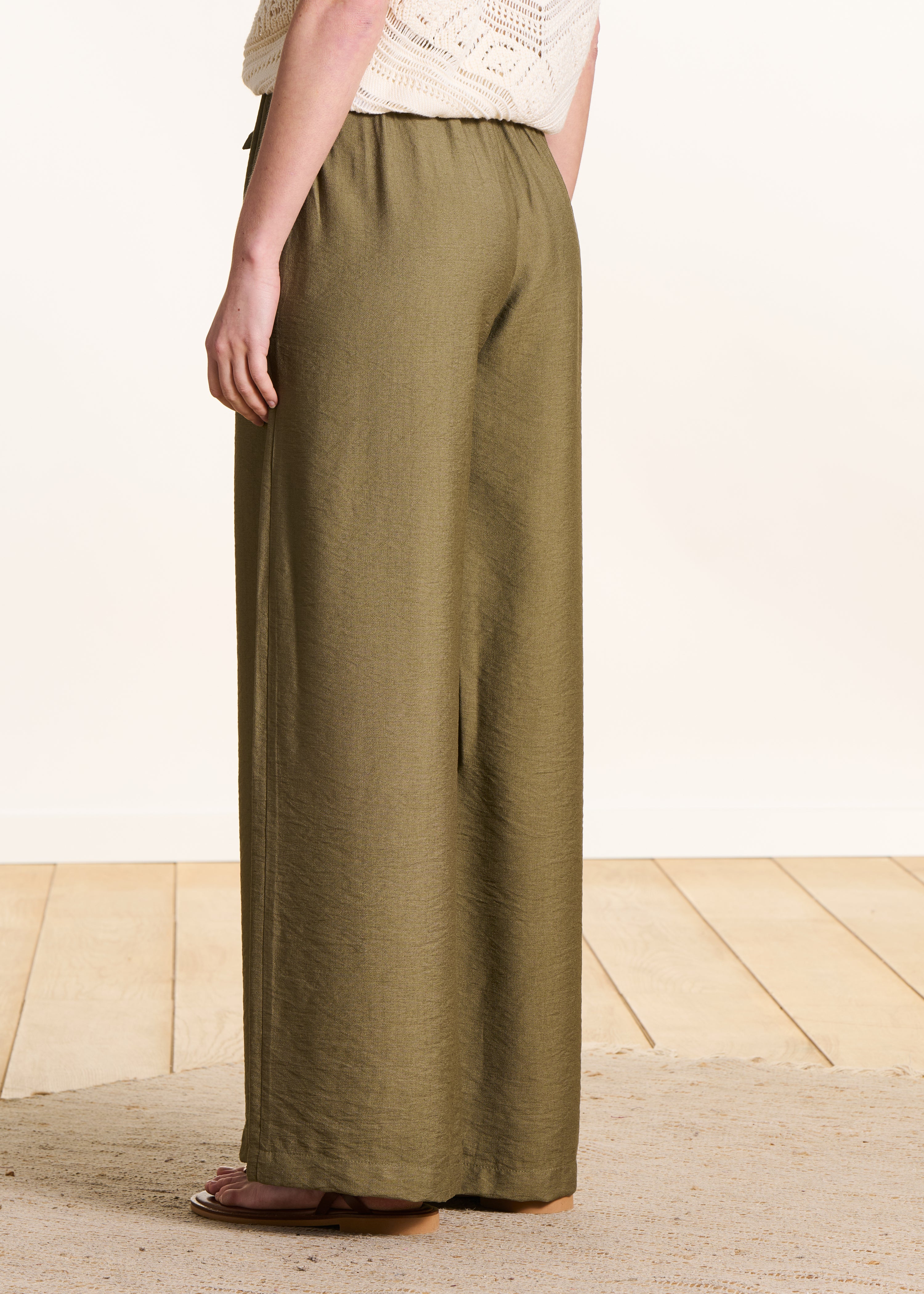 Pantalon large kaki taille élastiquée