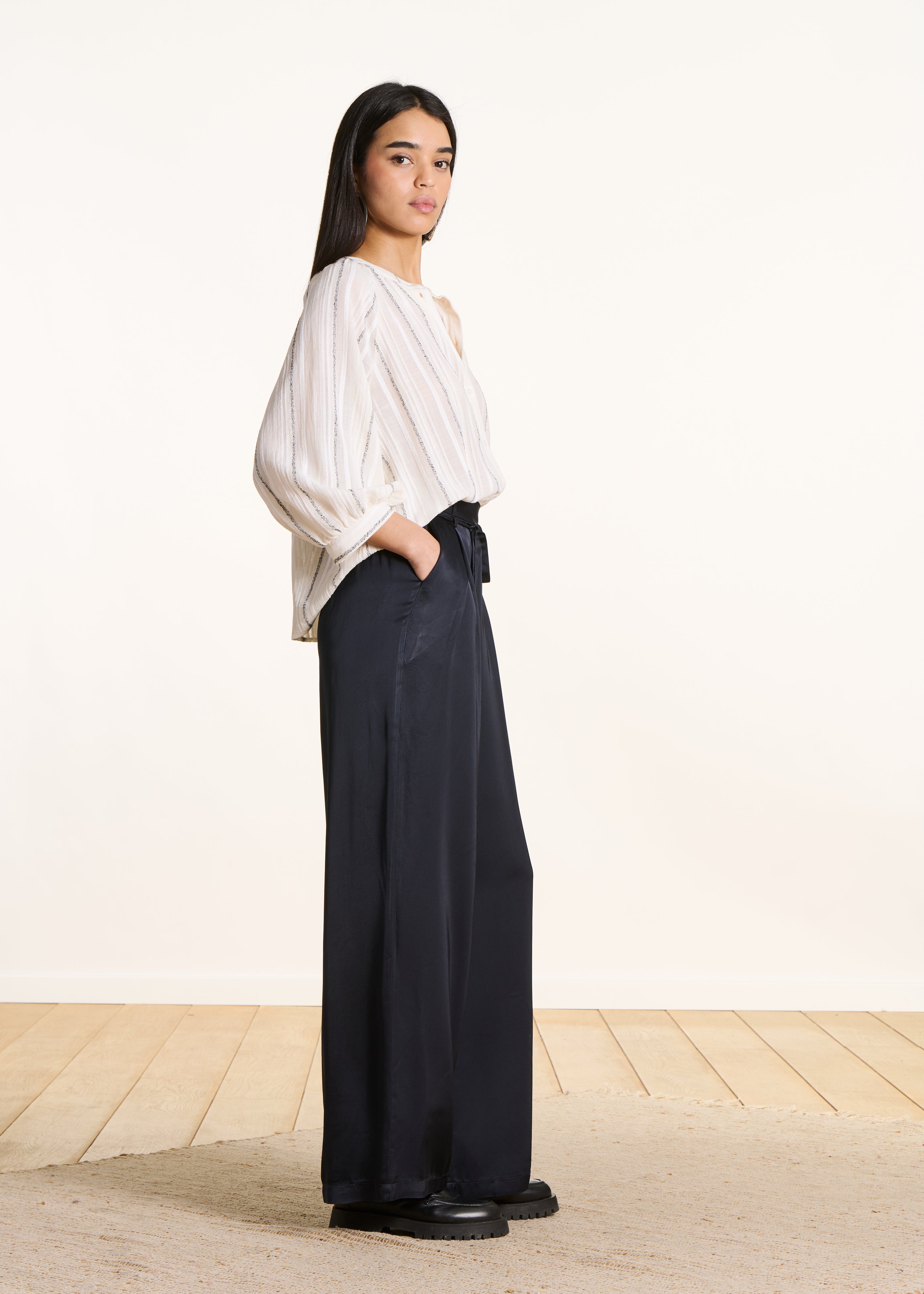 Dark blue wide-leg high-waisted satin trousers