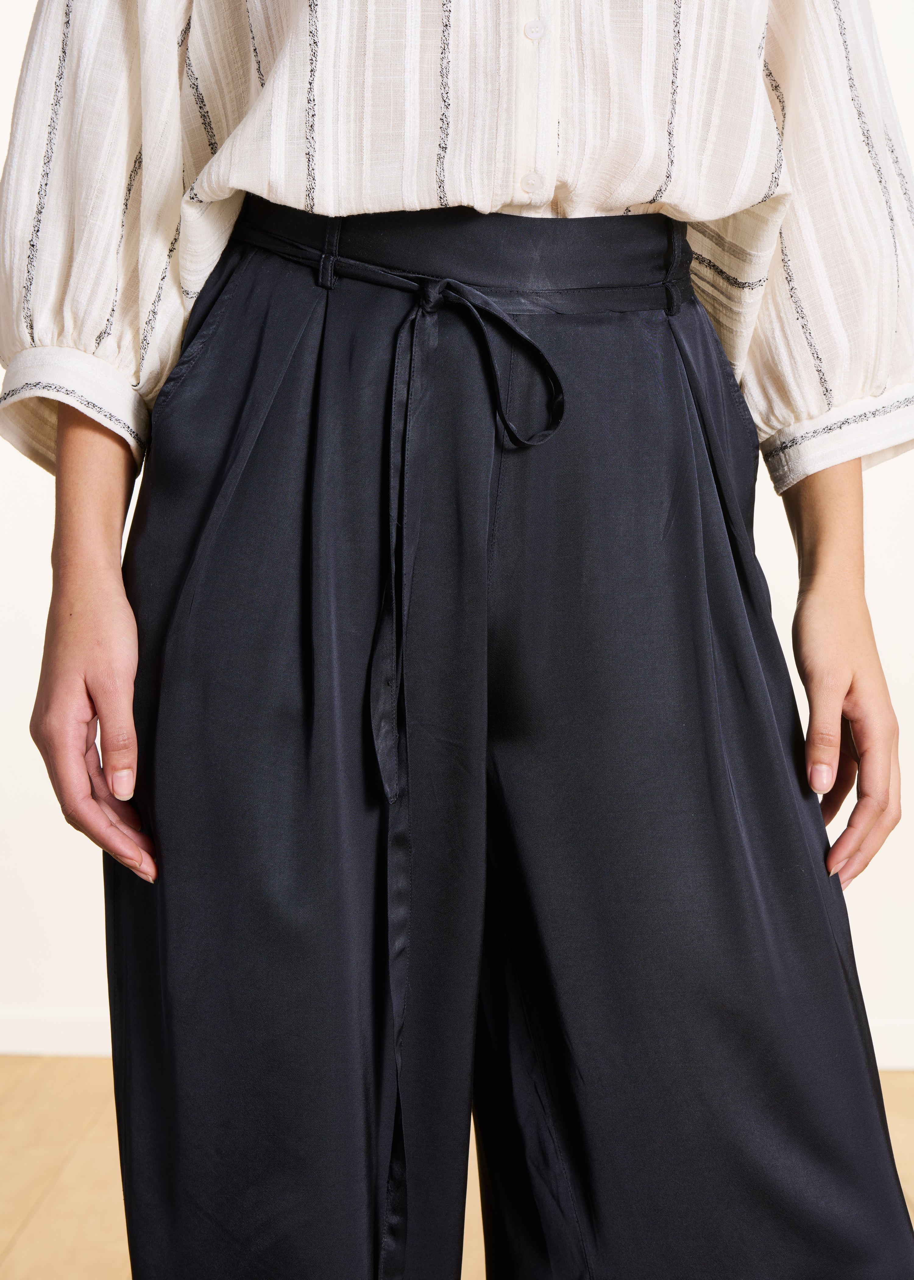 Dark blue wide-leg high-waisted satin trousers