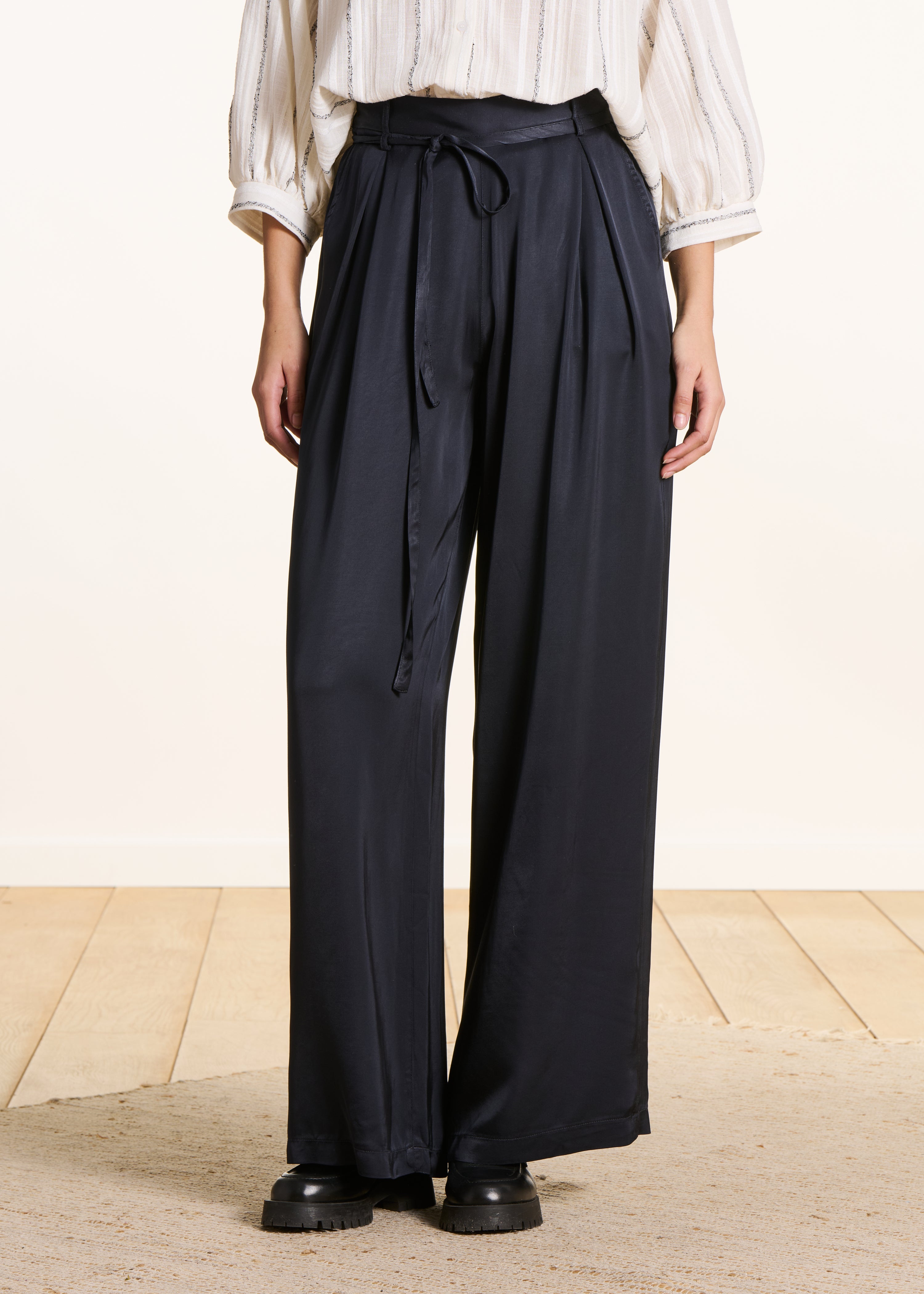 Dark blue wide-leg high-waisted satin trousers