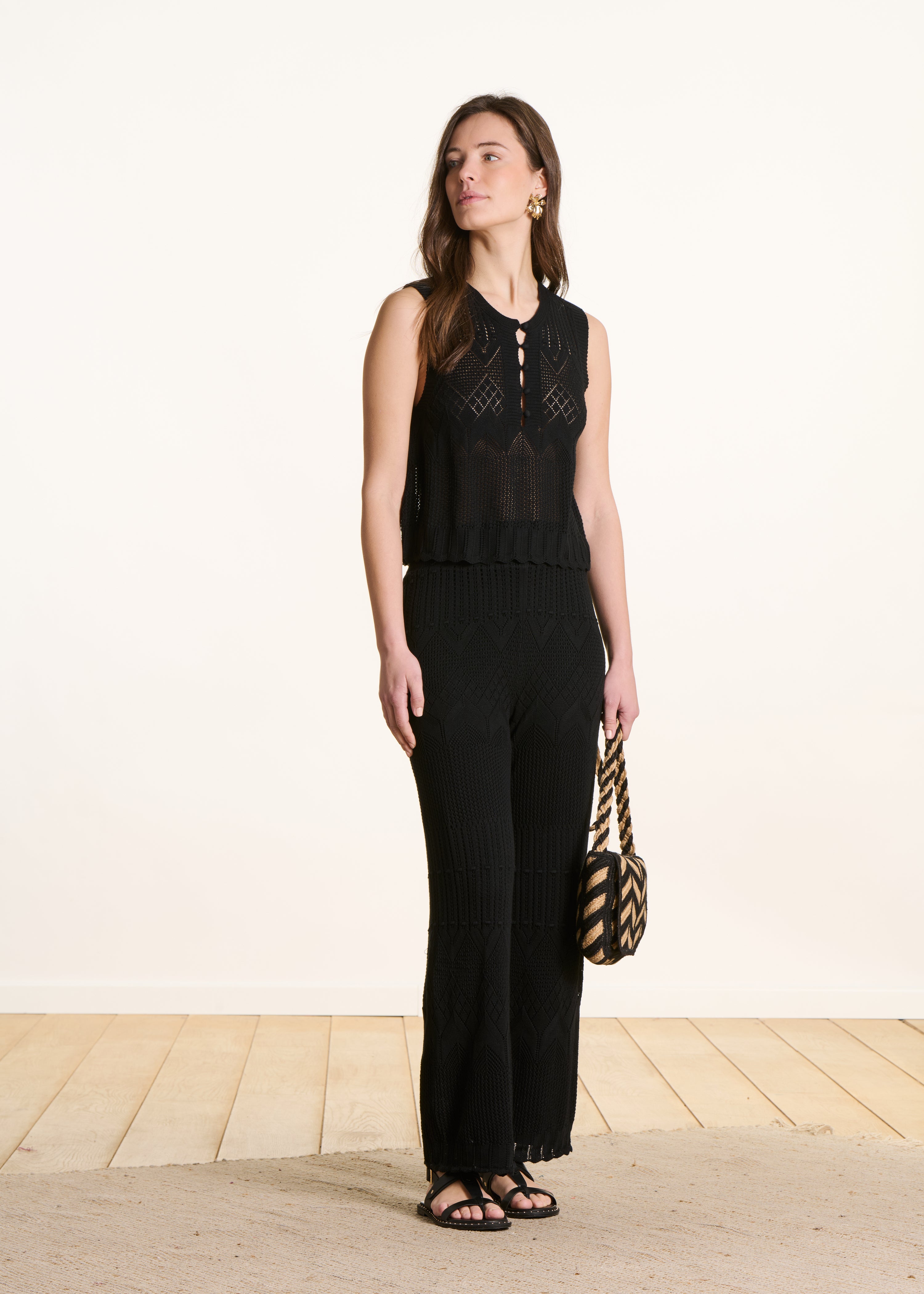 Pantalon en maille pointelle noire avec doublure