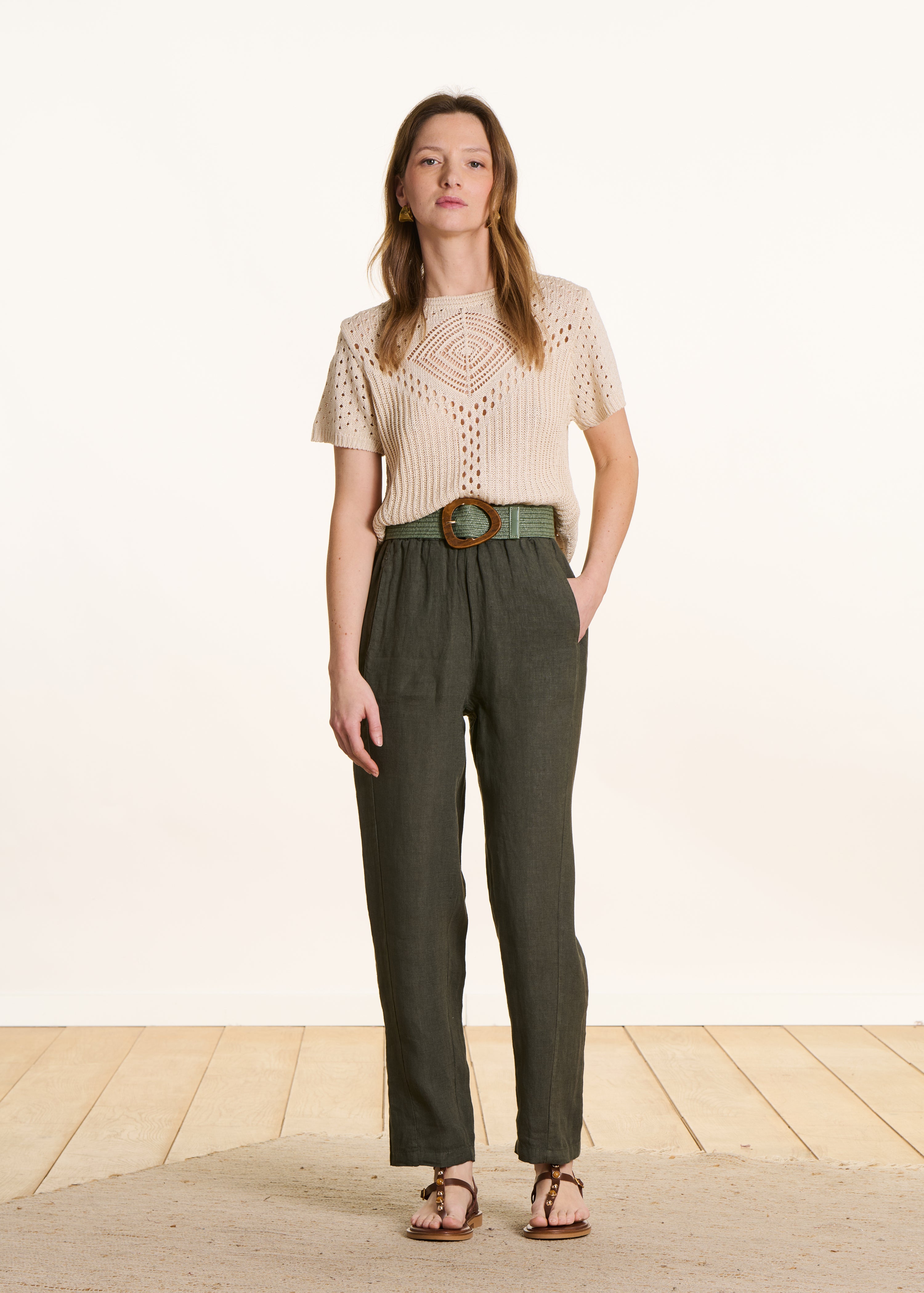 Karottenhose in Khaki aus Leinen mit elastischem Bund
