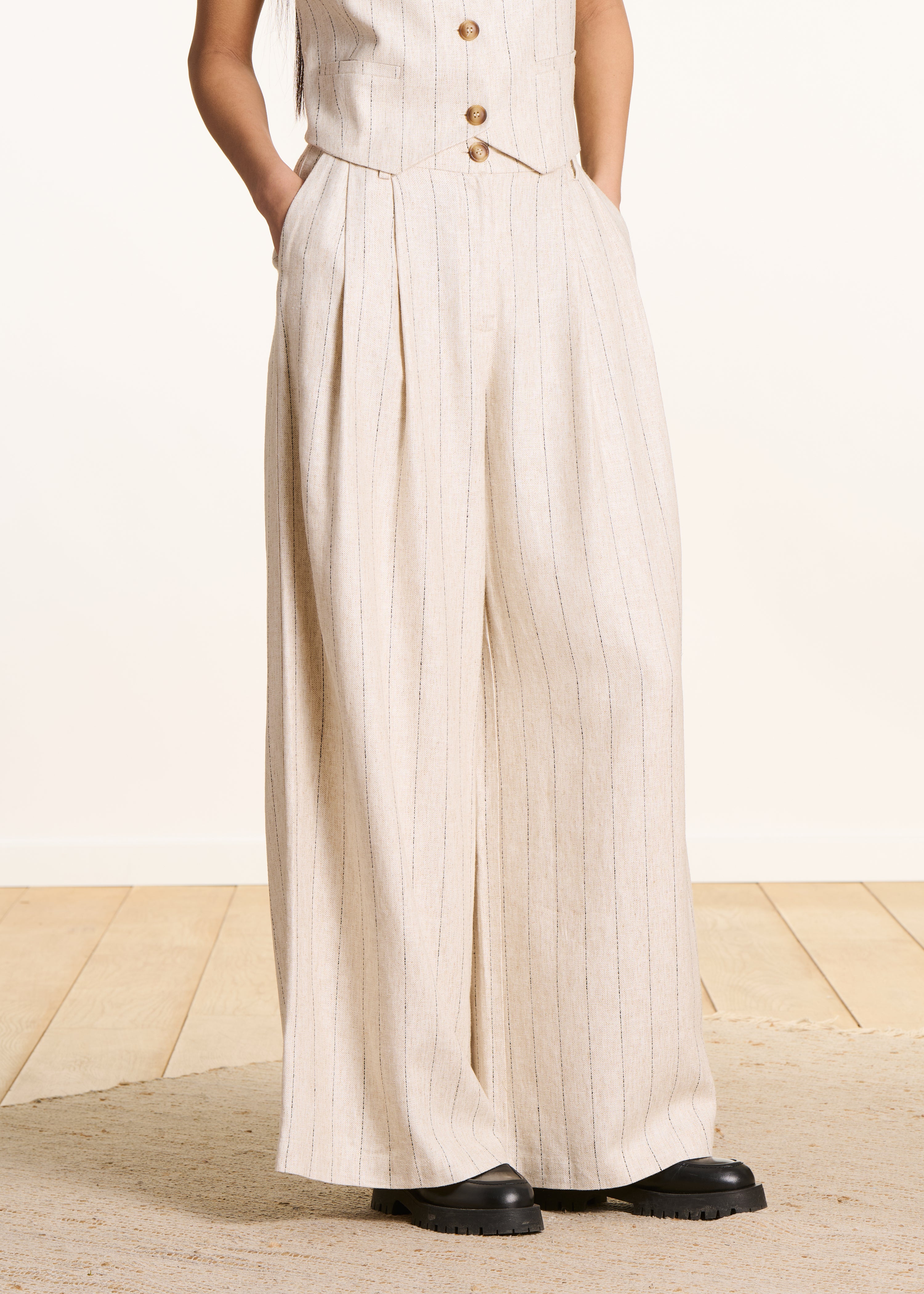 Wide beige striped trousers