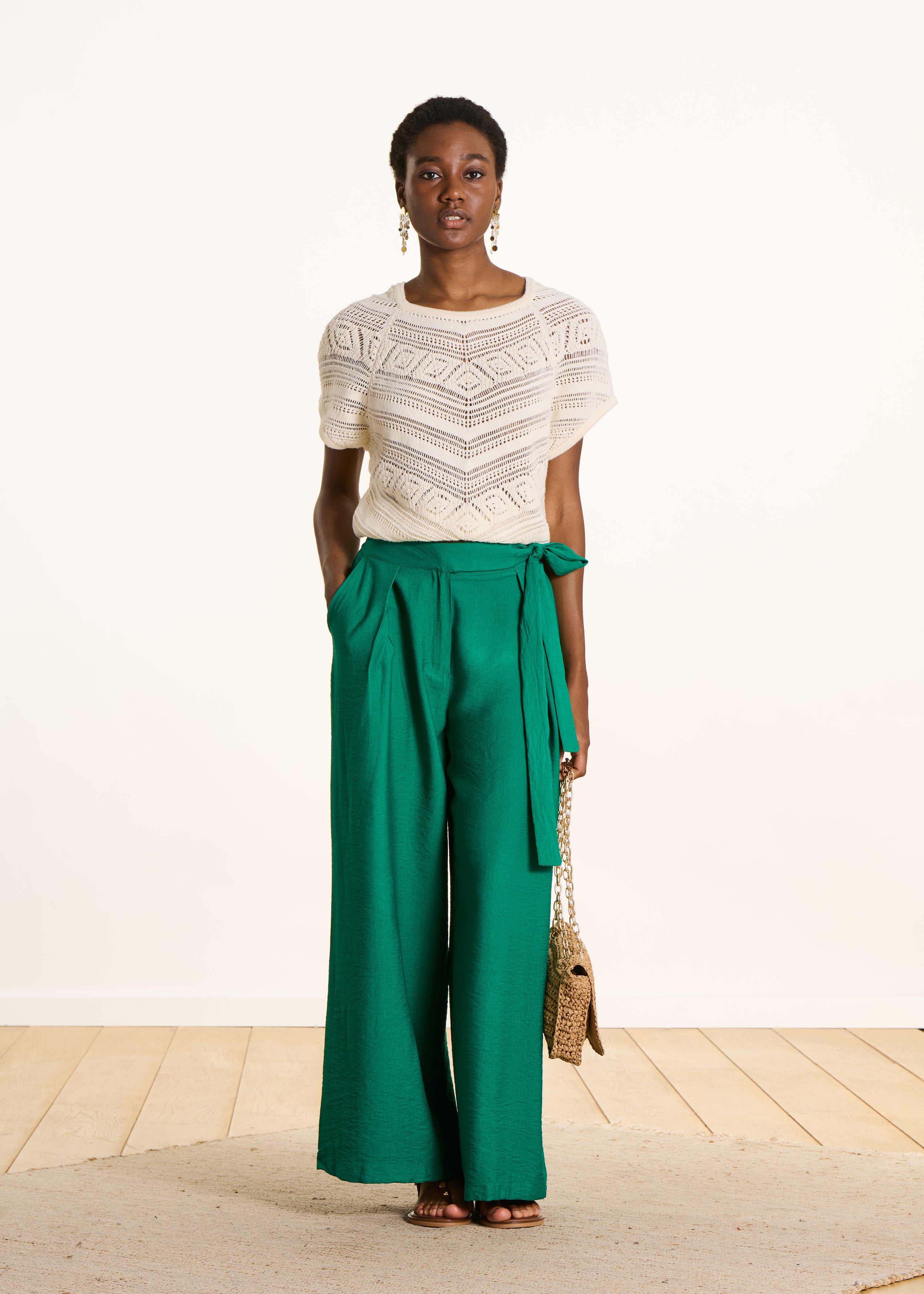 Wijde groene jacquard broek