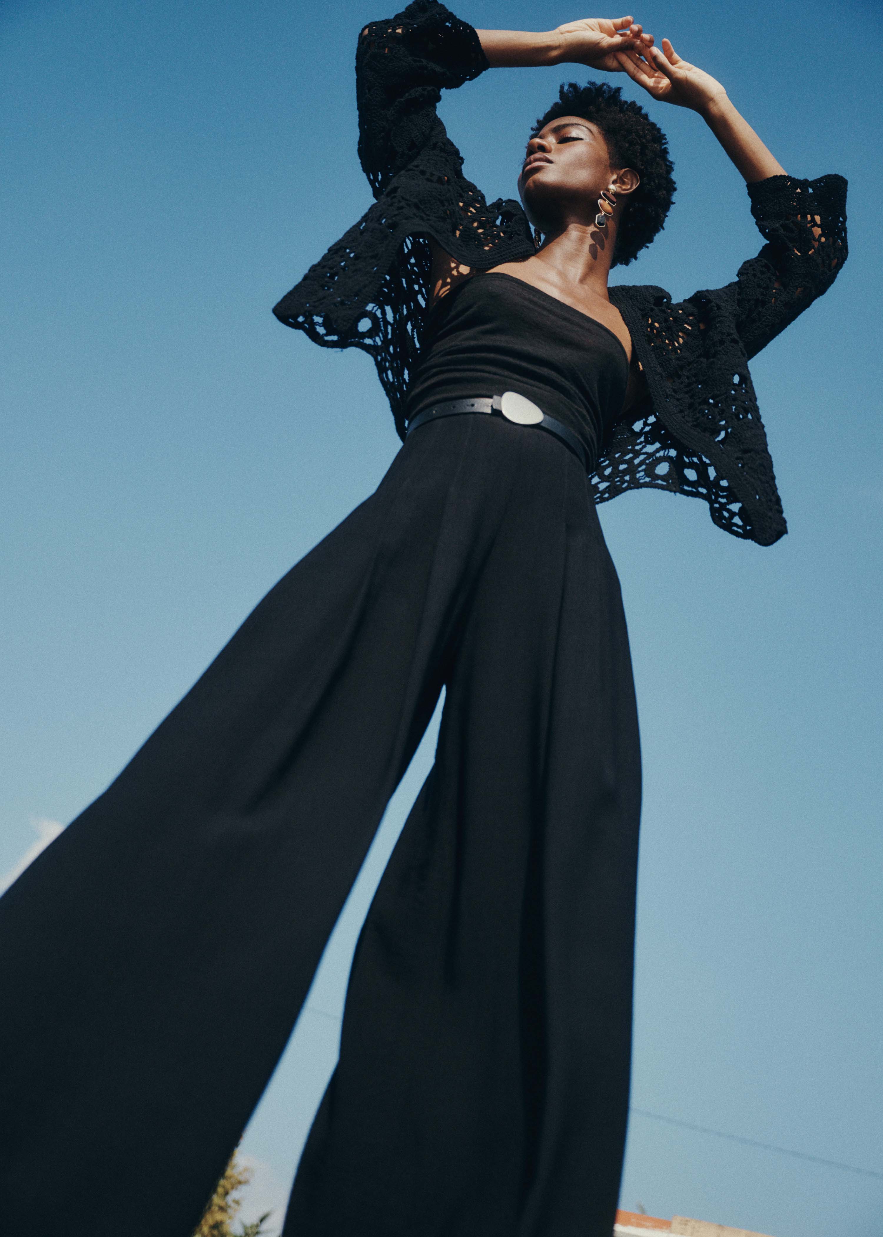Wide black high-waisted elastic pants