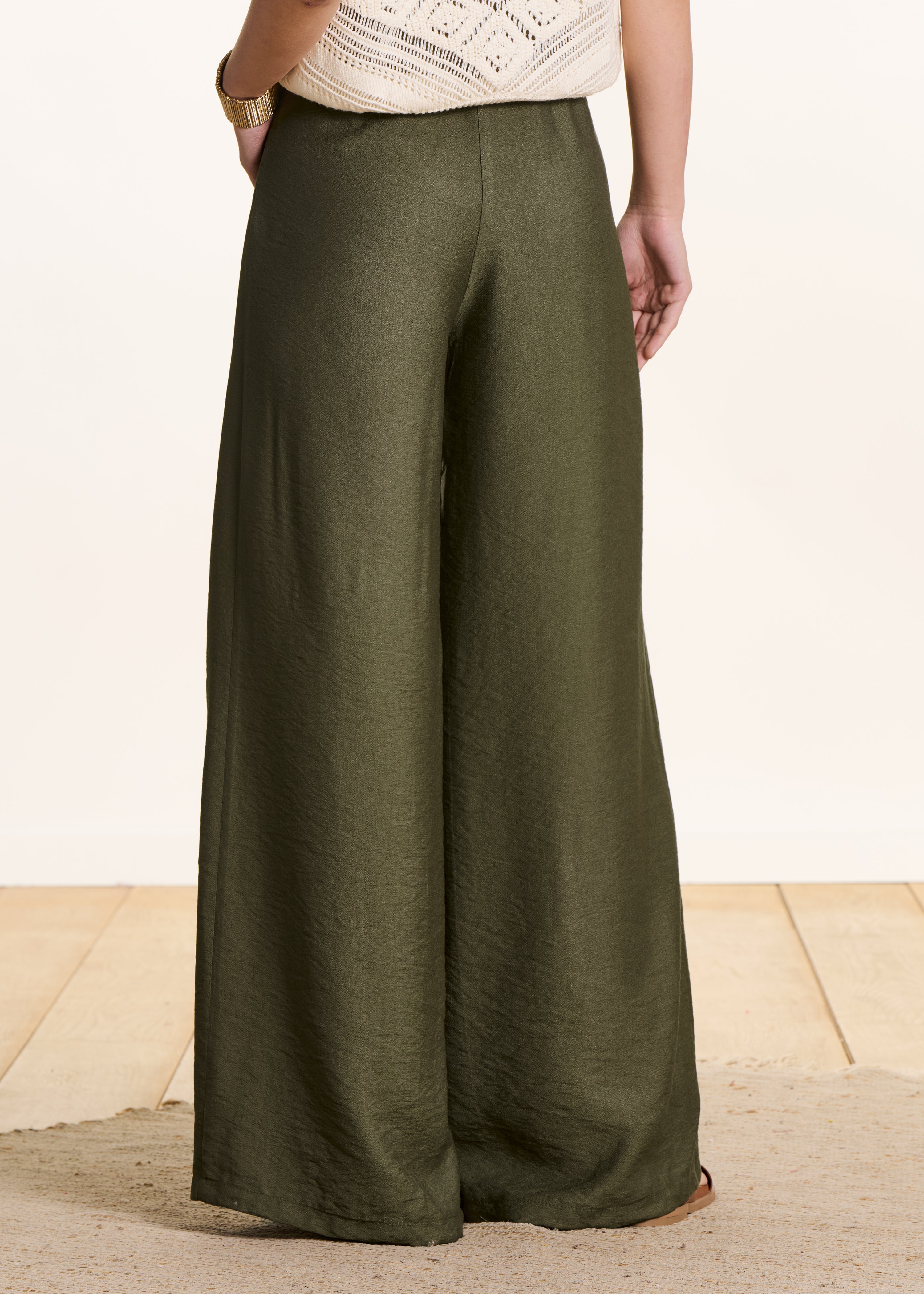 Wijde kaki broek met hoge, elastische taille