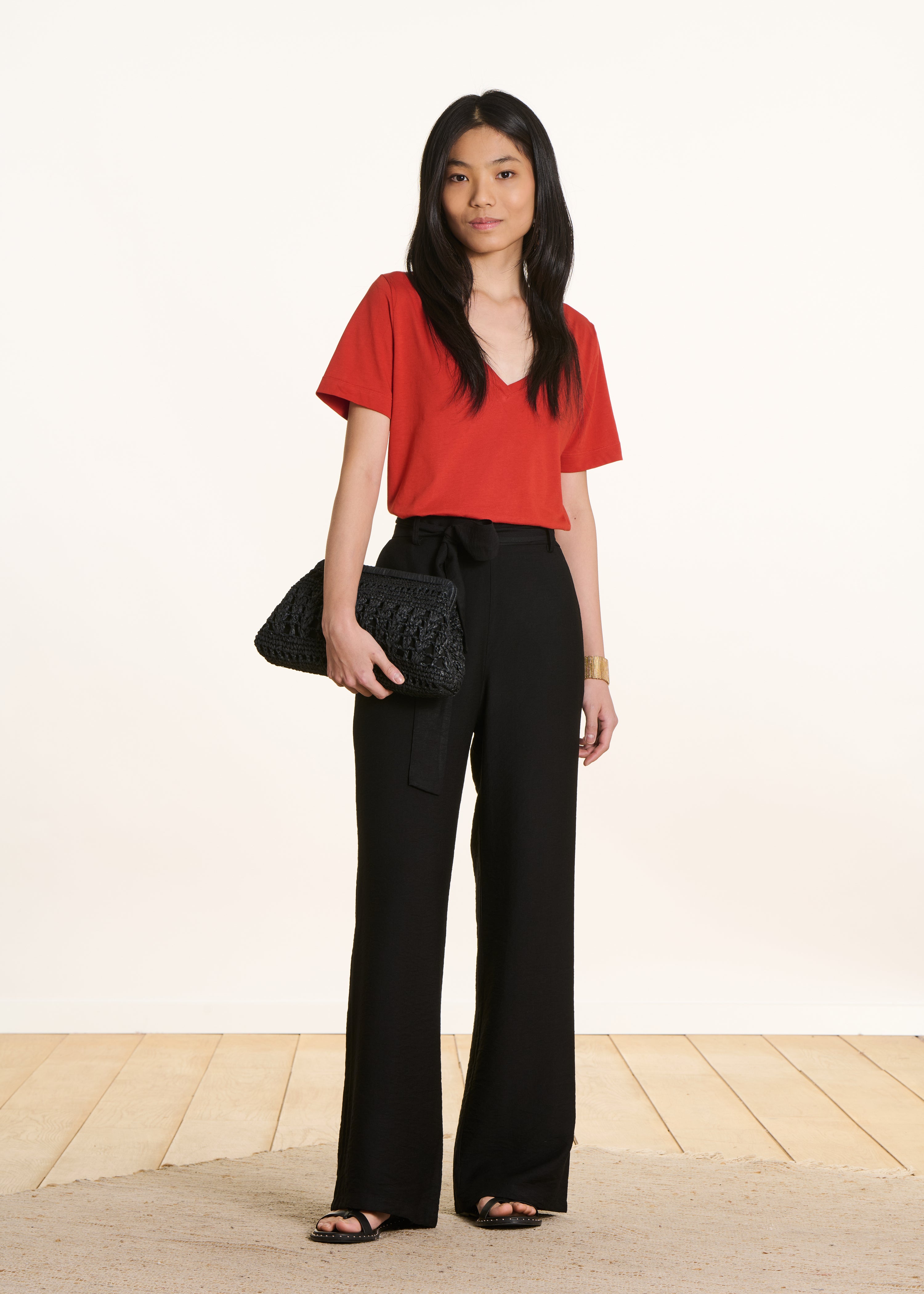 Fluid black straight-leg belted trousers
