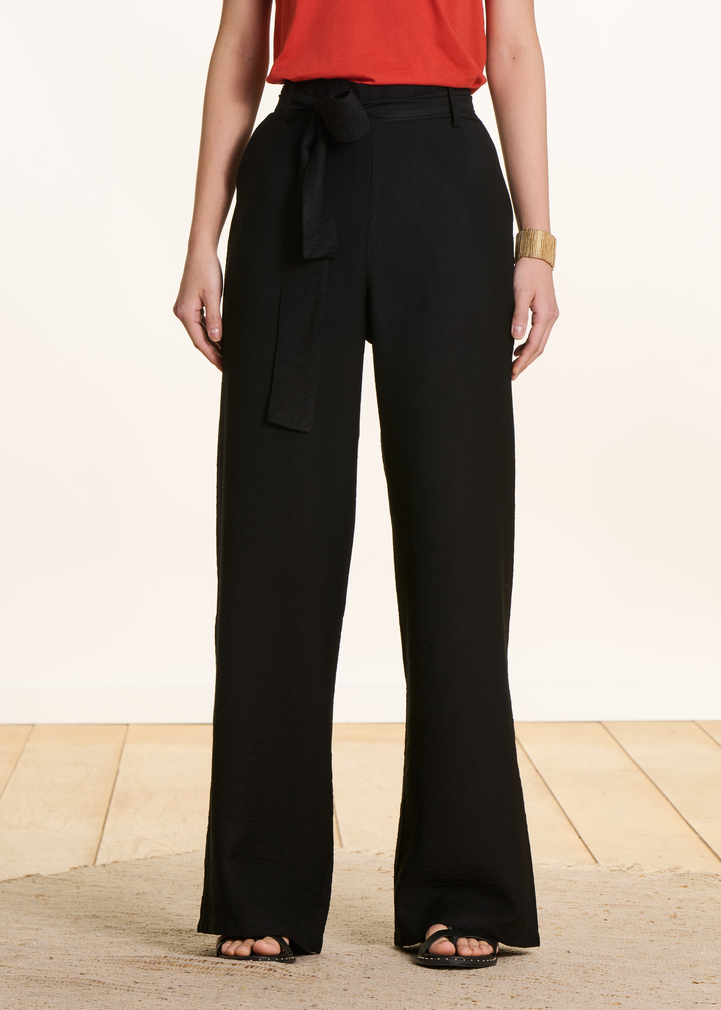 Fluid black straight-leg belted trousers