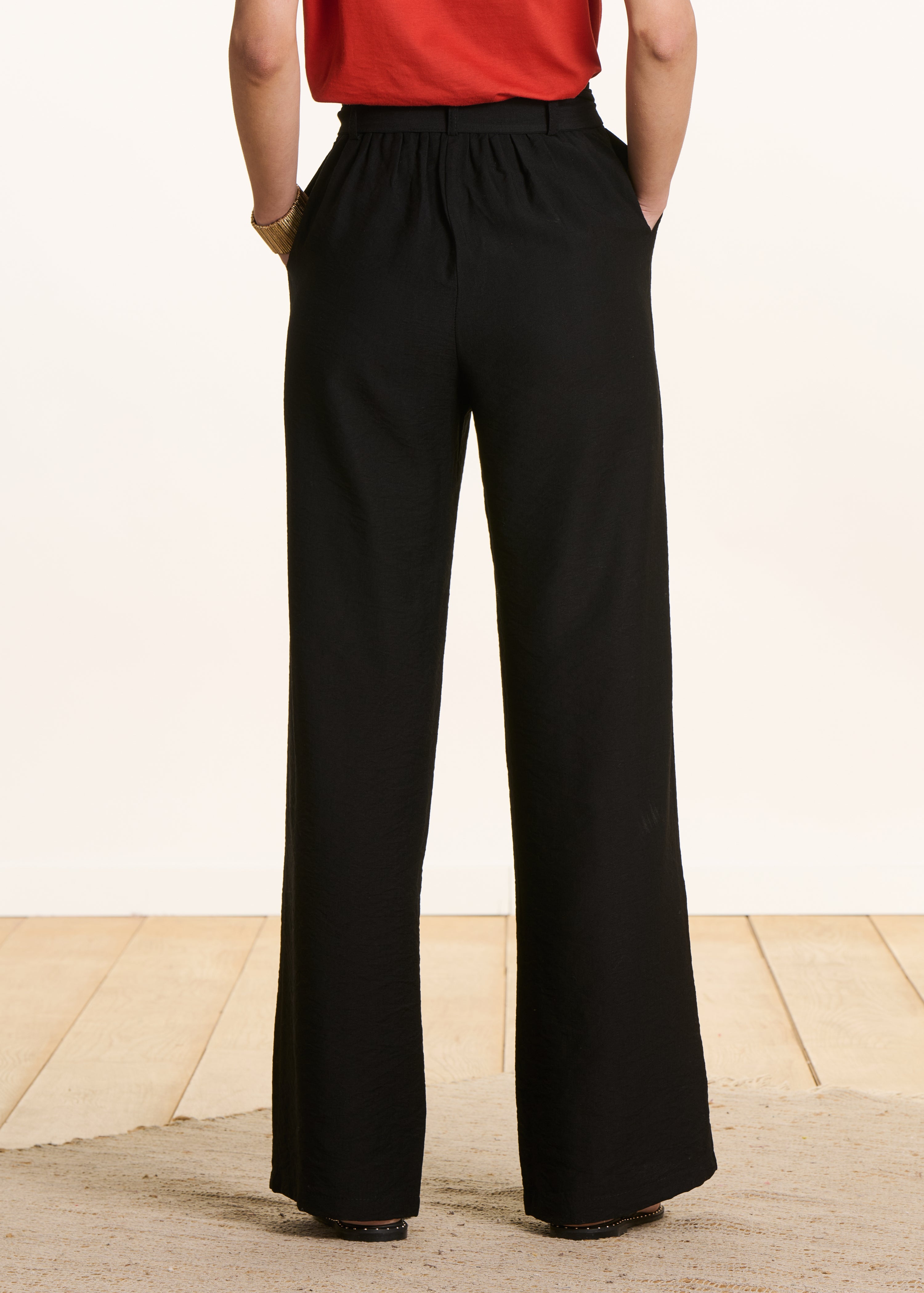 Fluid black straight-leg belted trousers