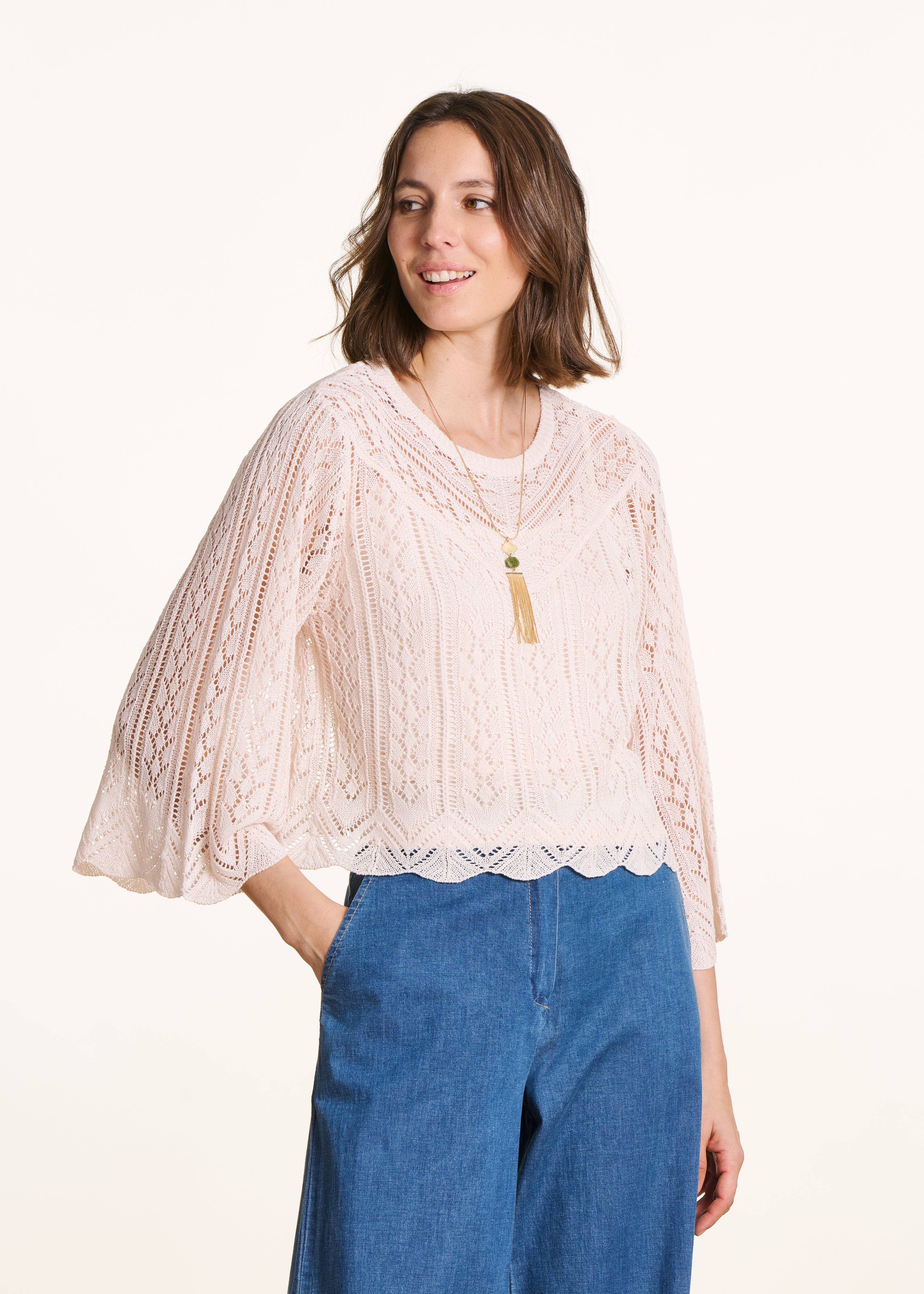 Short Ecru Sweater in Fine Openwork Knit