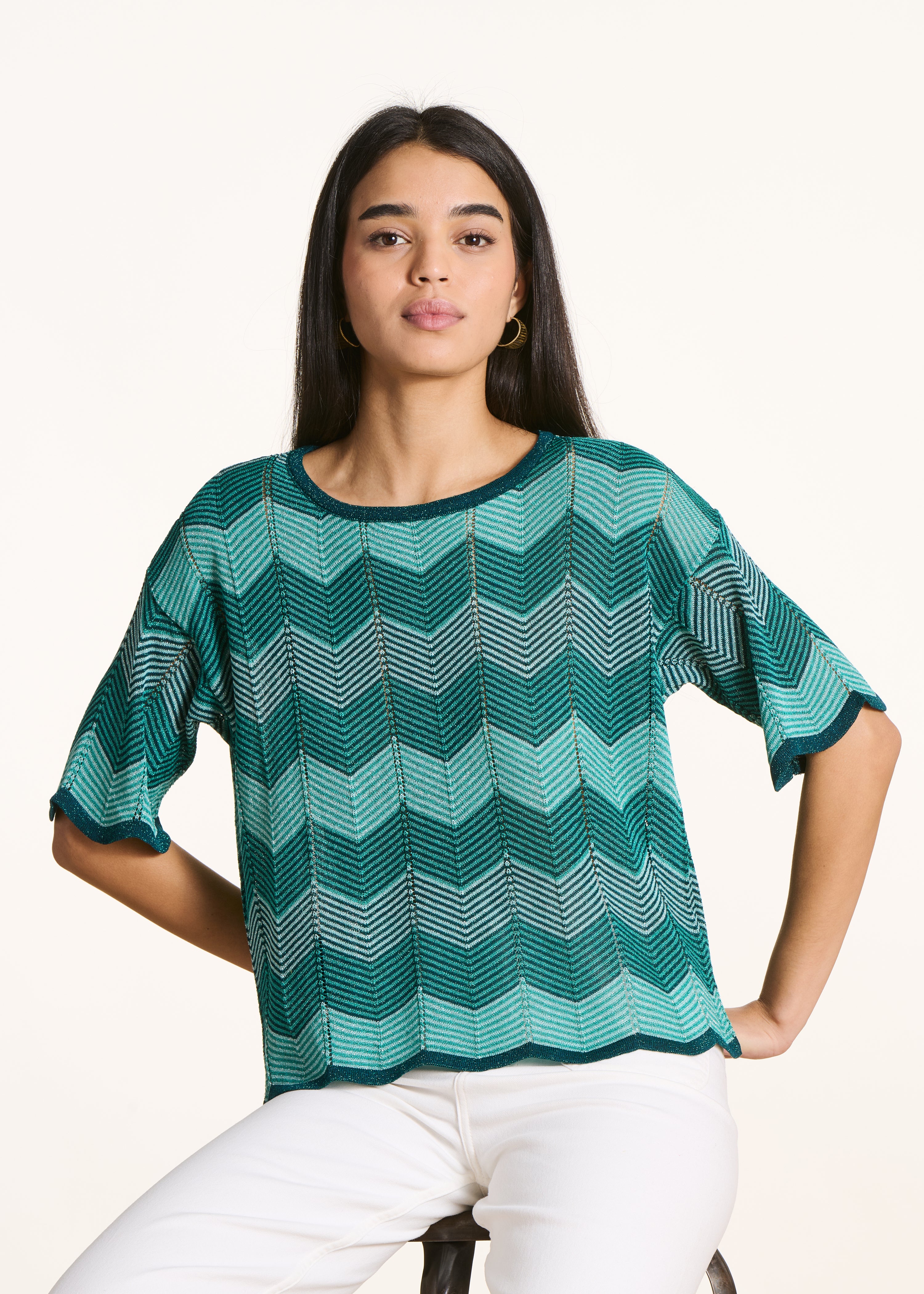Camisola curta verde petróleo em malha iridescente