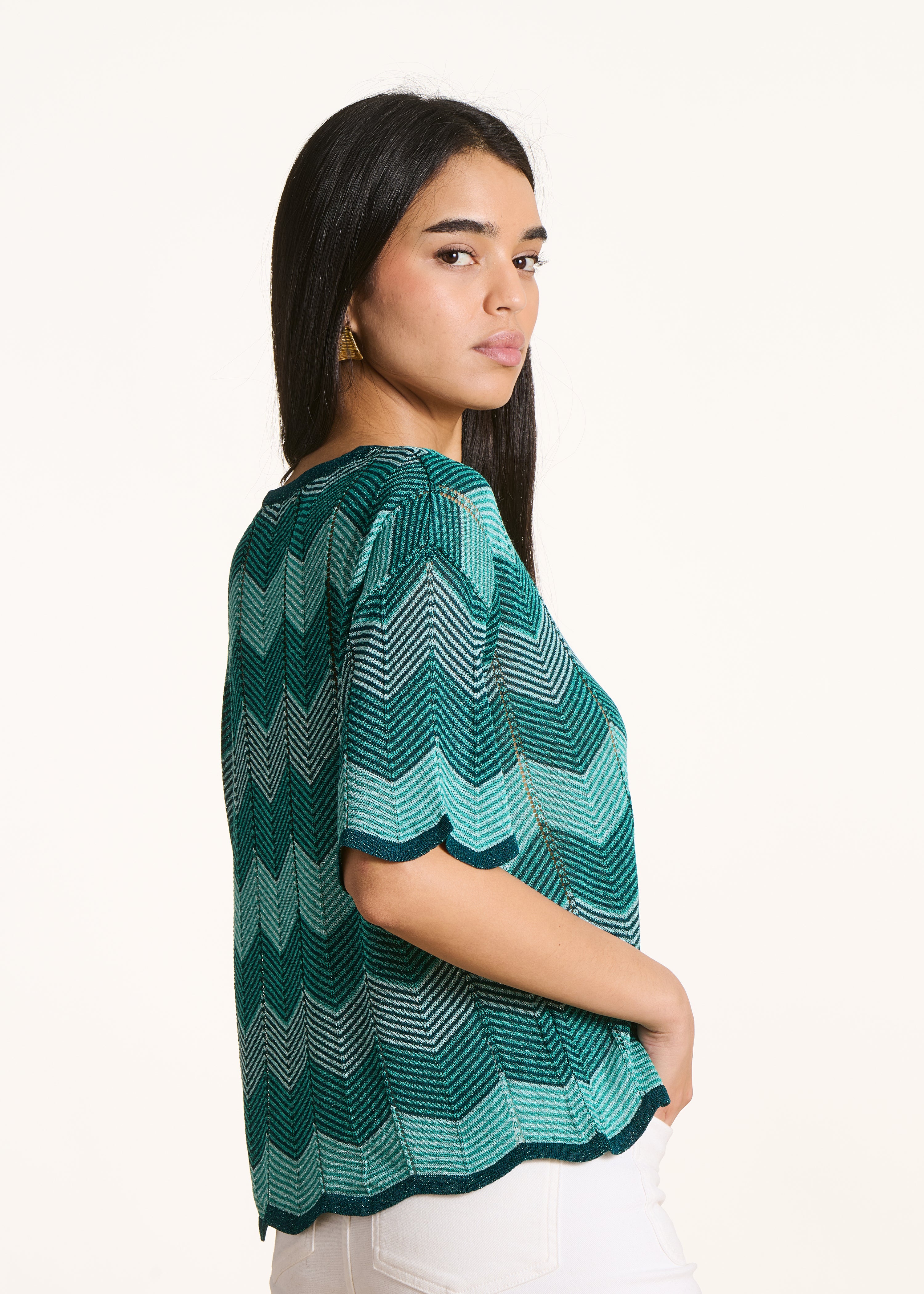 Camisola curta verde petróleo em malha iridescente