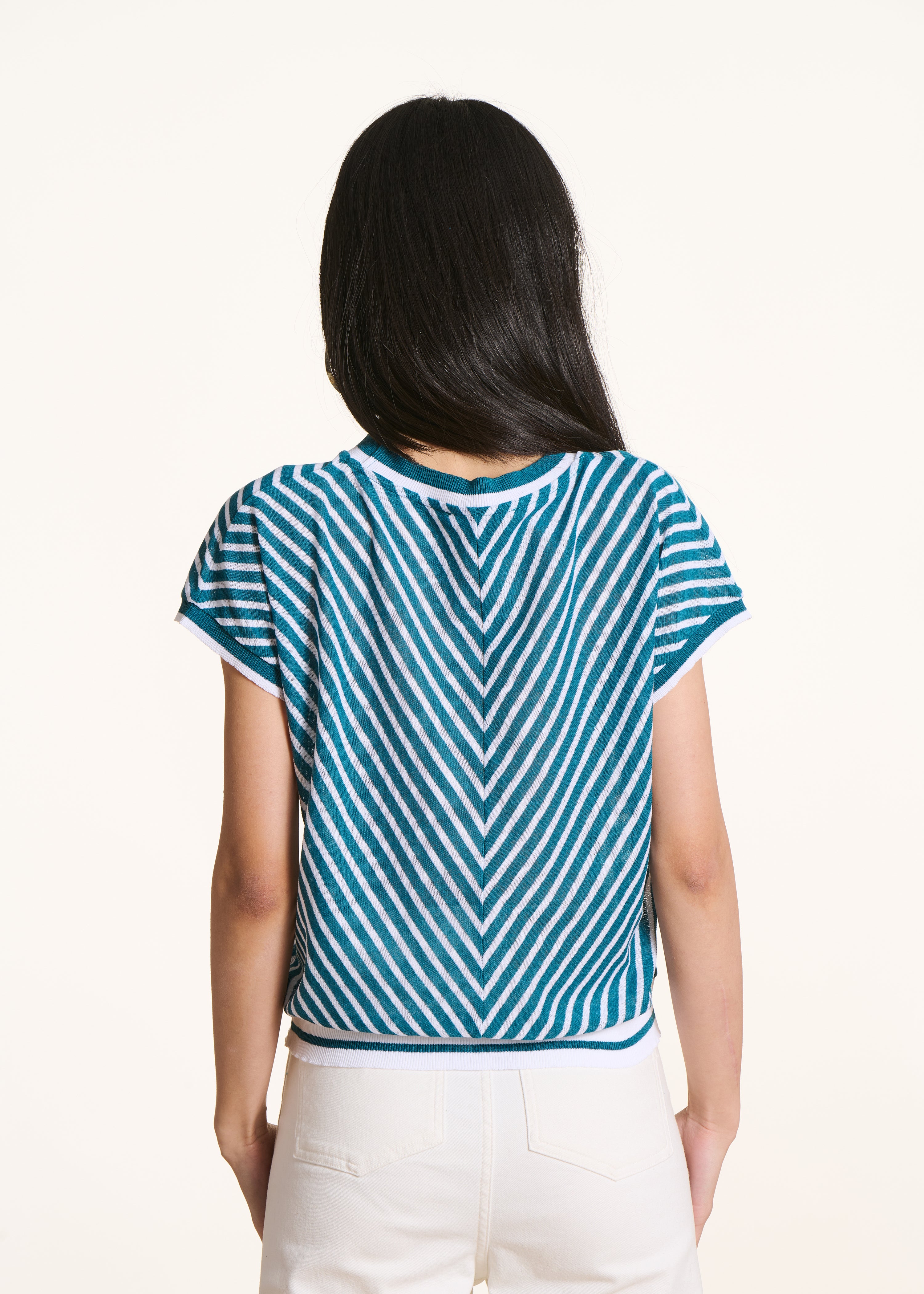 Short petrol blue striped white fine knit sweater with short sleeves