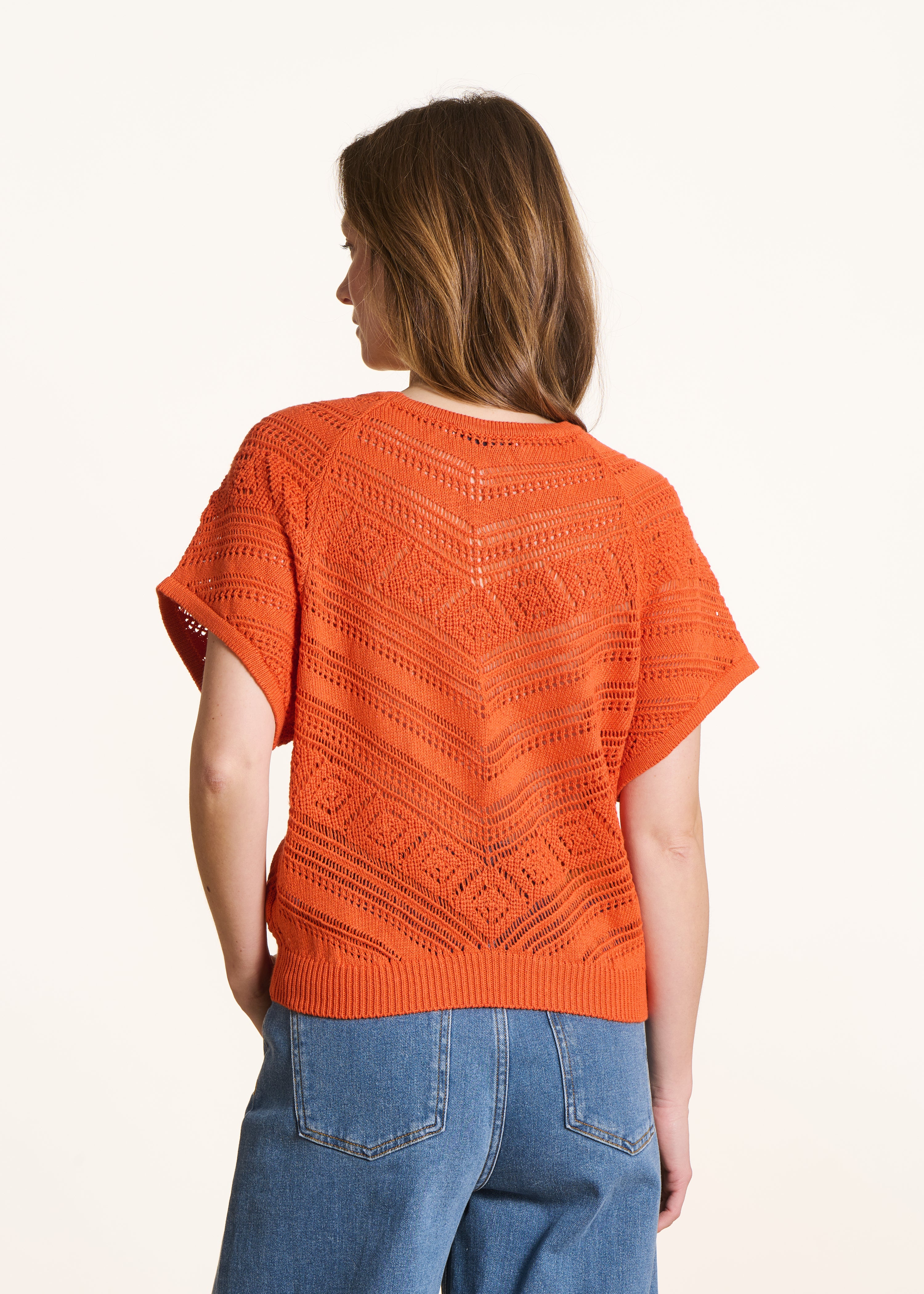 Pull manches courtes orange en maille ajourée