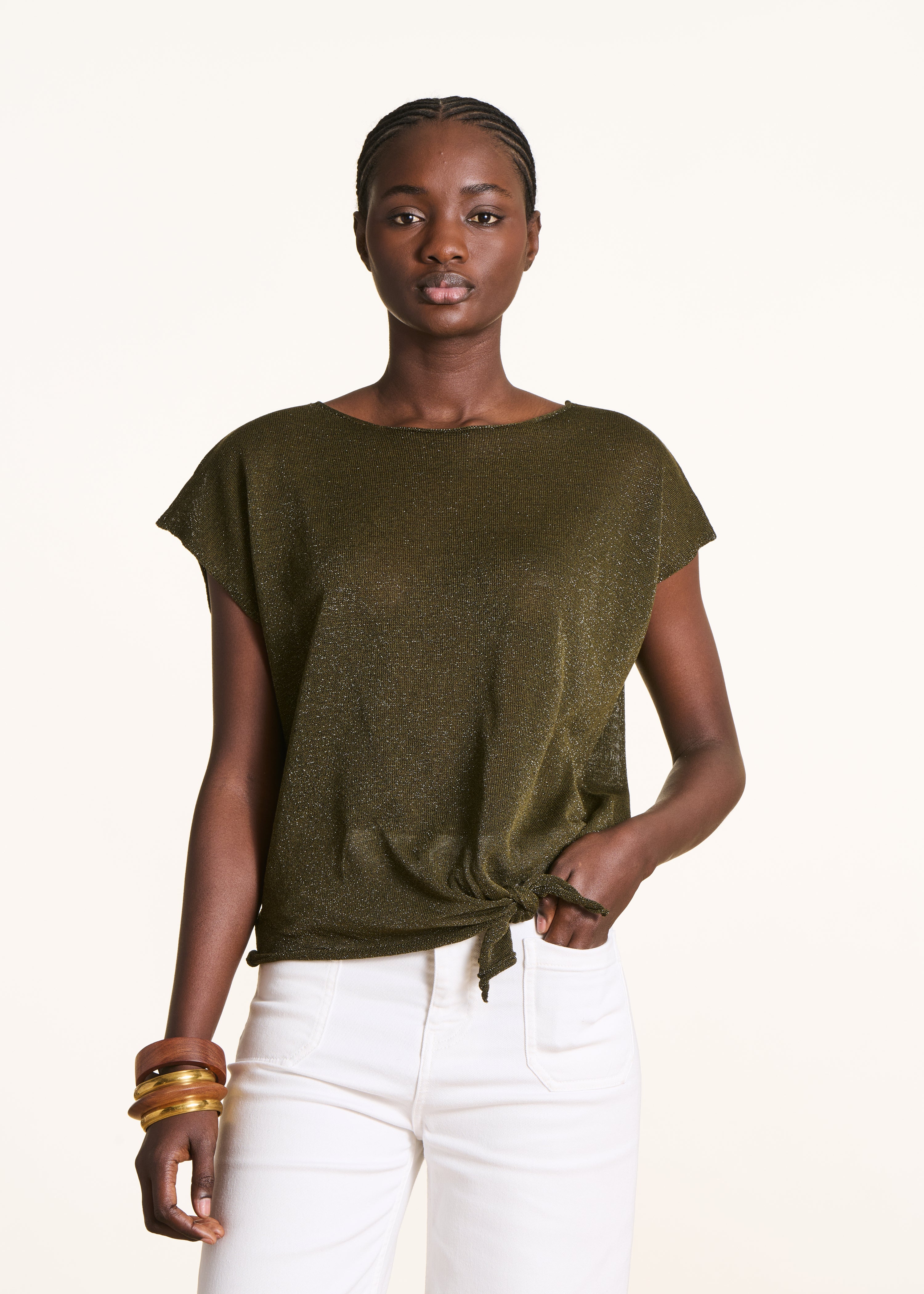 Kaki fine-knit shimmering short-sleeve sweater