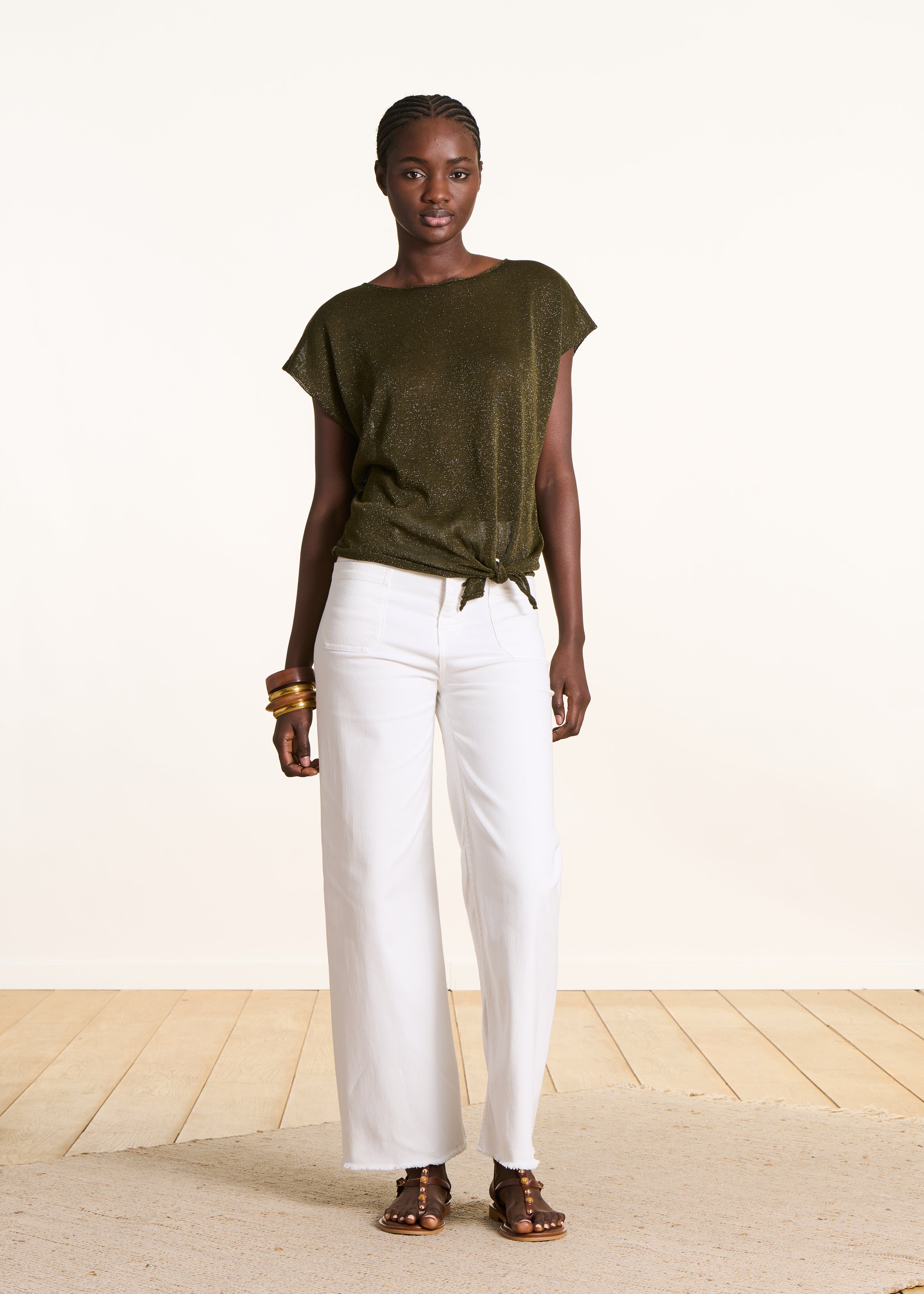Kaki fine-knit shimmering short-sleeve sweater