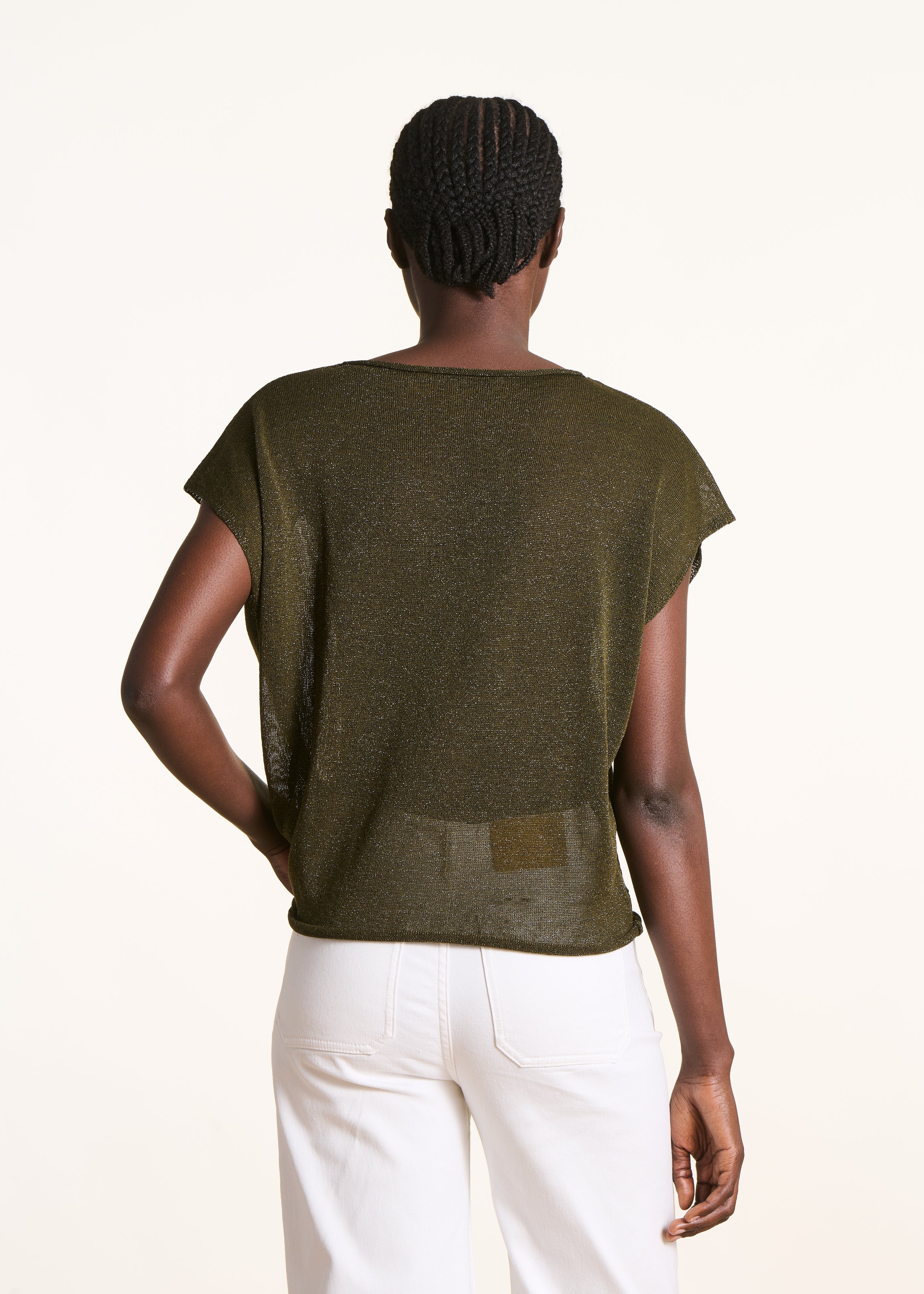 Kaki fine-knit shimmering short-sleeve sweater