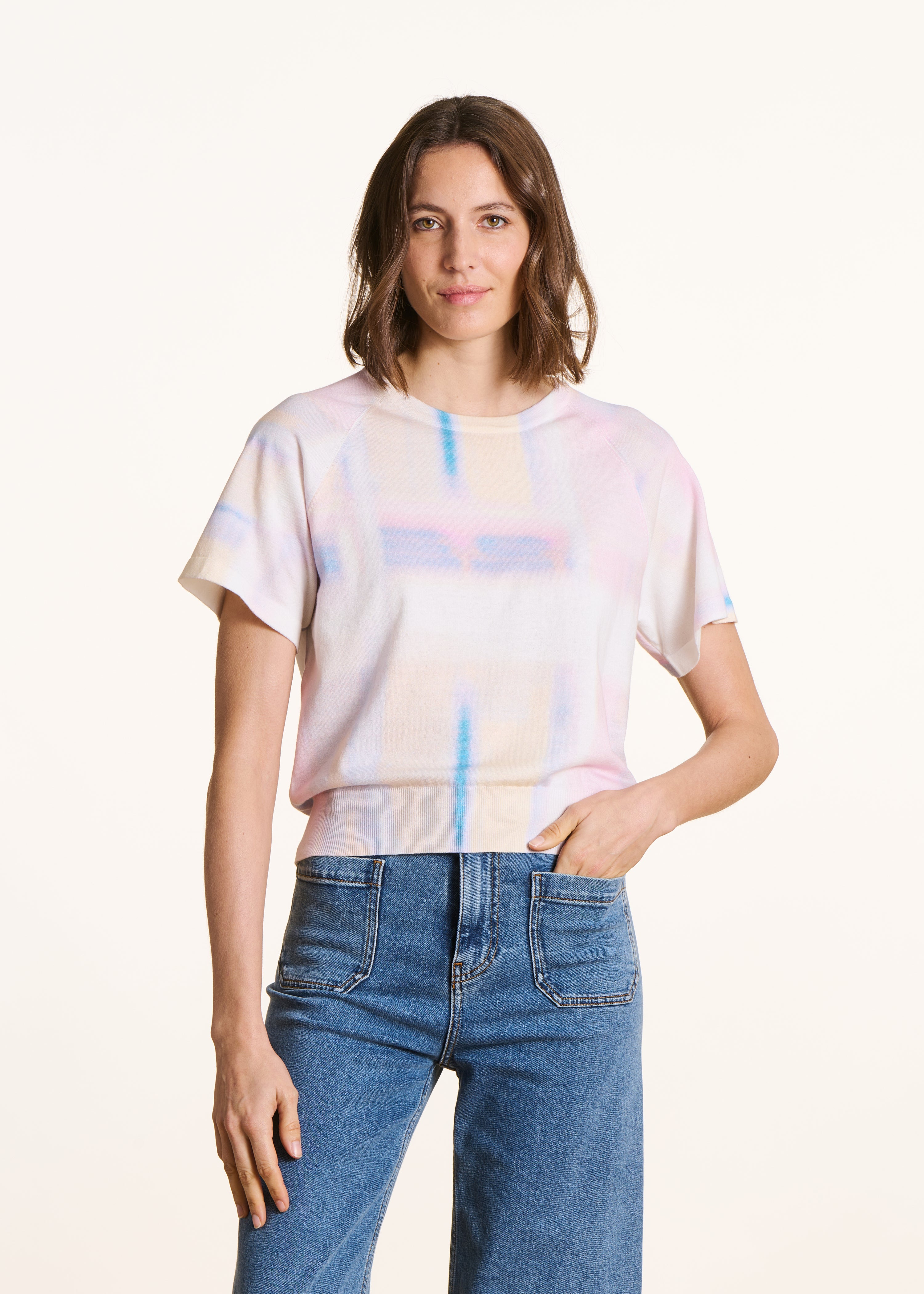 Ecru short-sleeve sweater with print in organic cotton