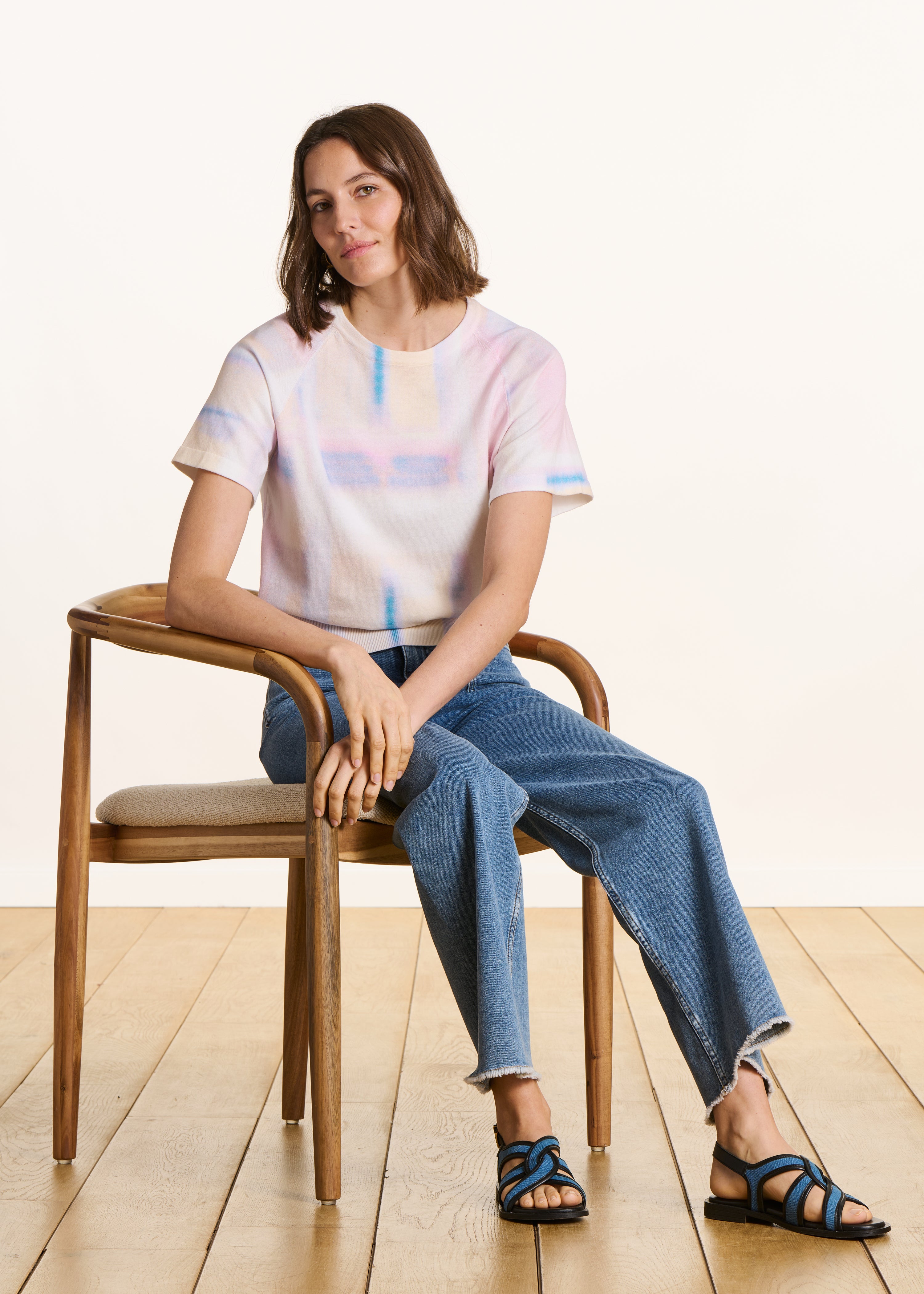 Ecru short-sleeve sweater with print in organic cotton