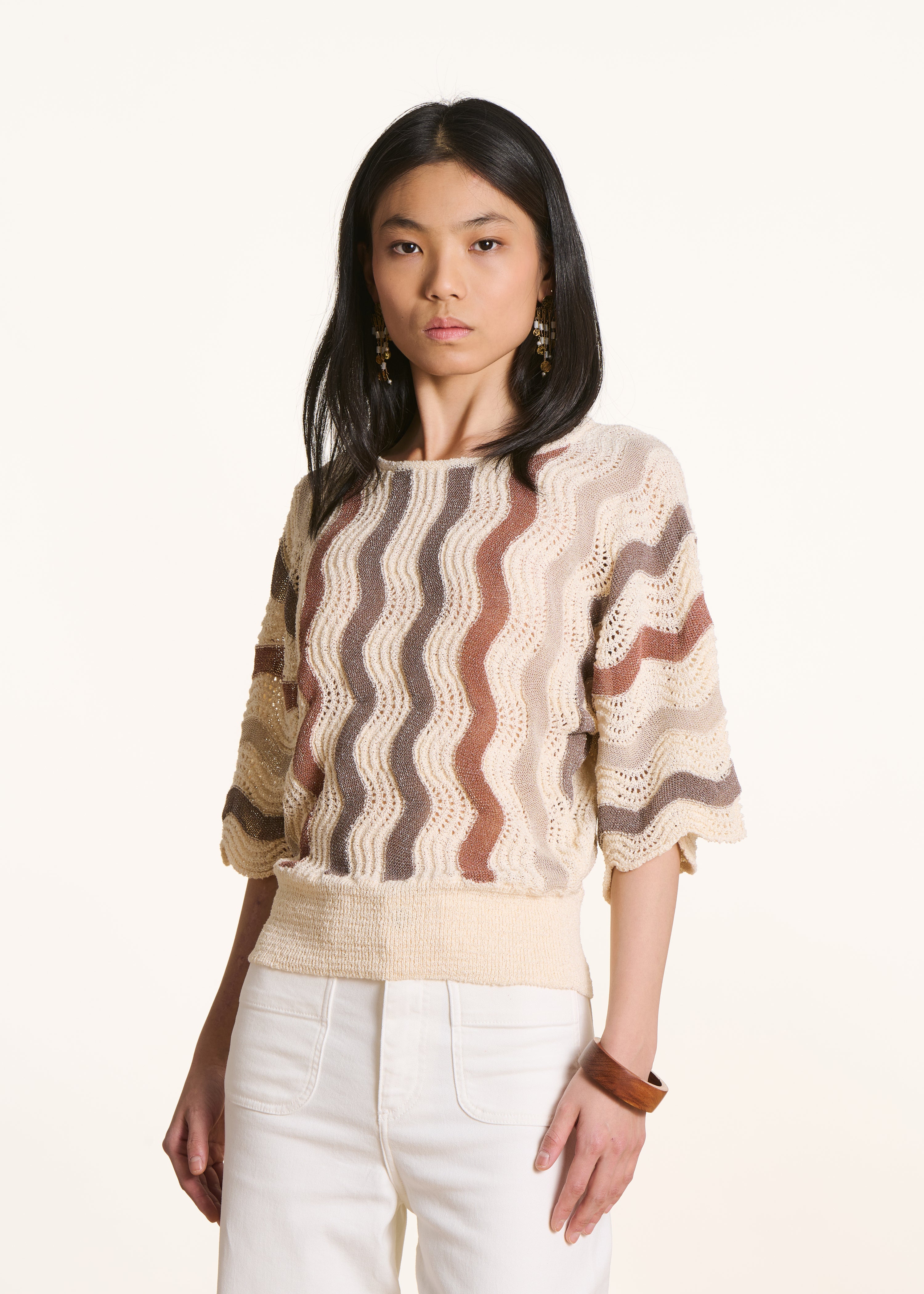 Off-white striped 3/4 sleeve boat neck sweater