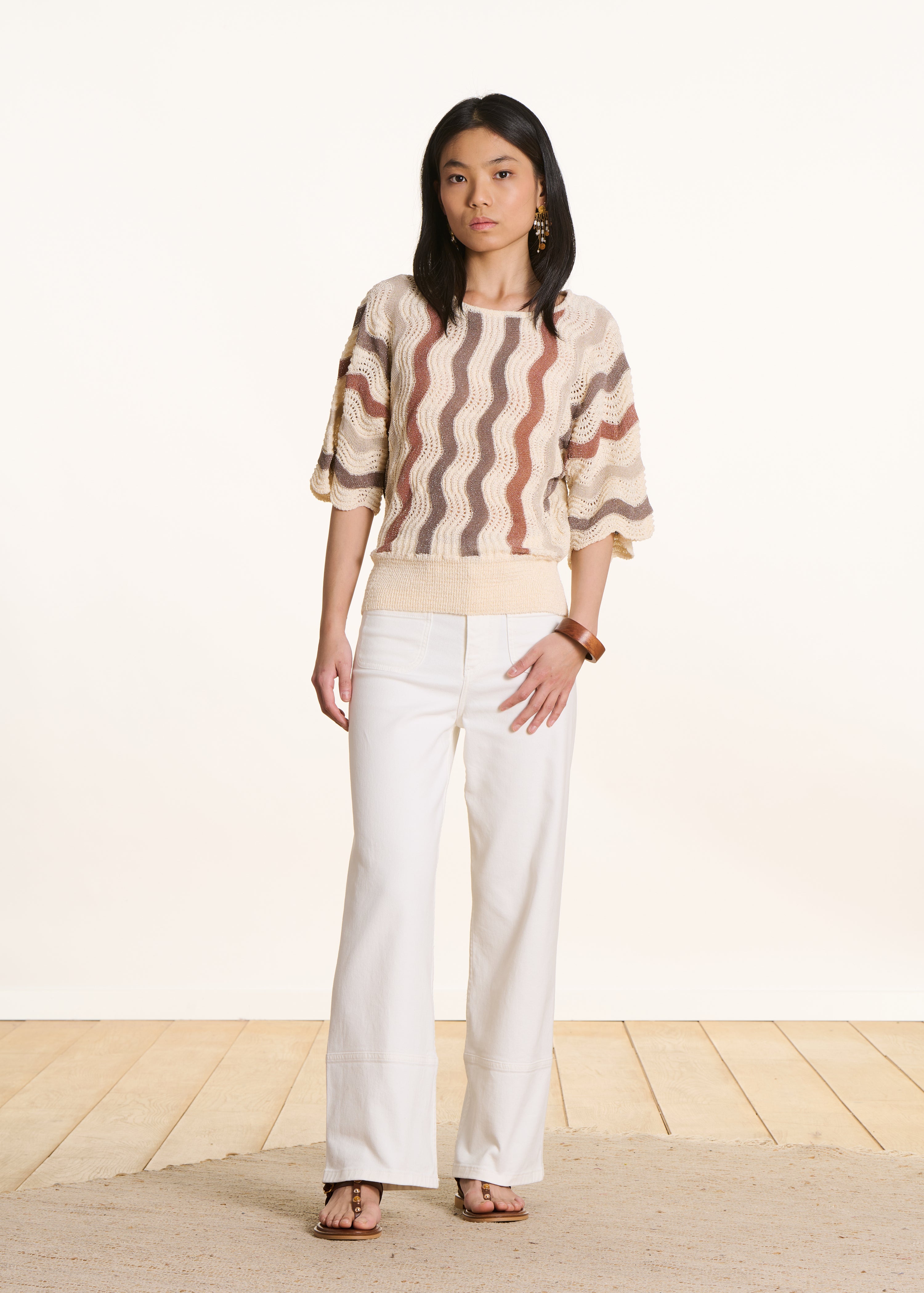 Off-white striped 3/4 sleeve boat neck sweater
