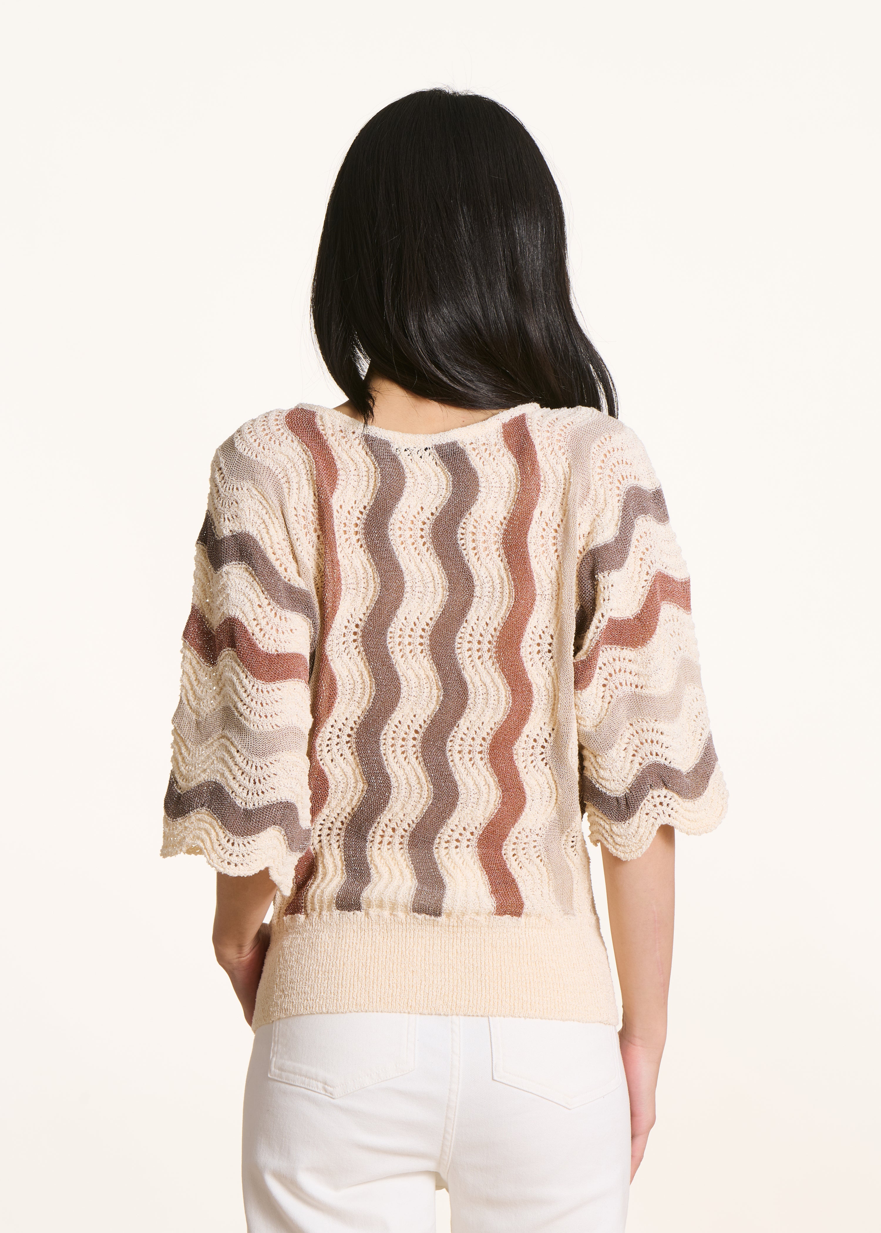 Off-white striped 3/4 sleeve boat neck sweater