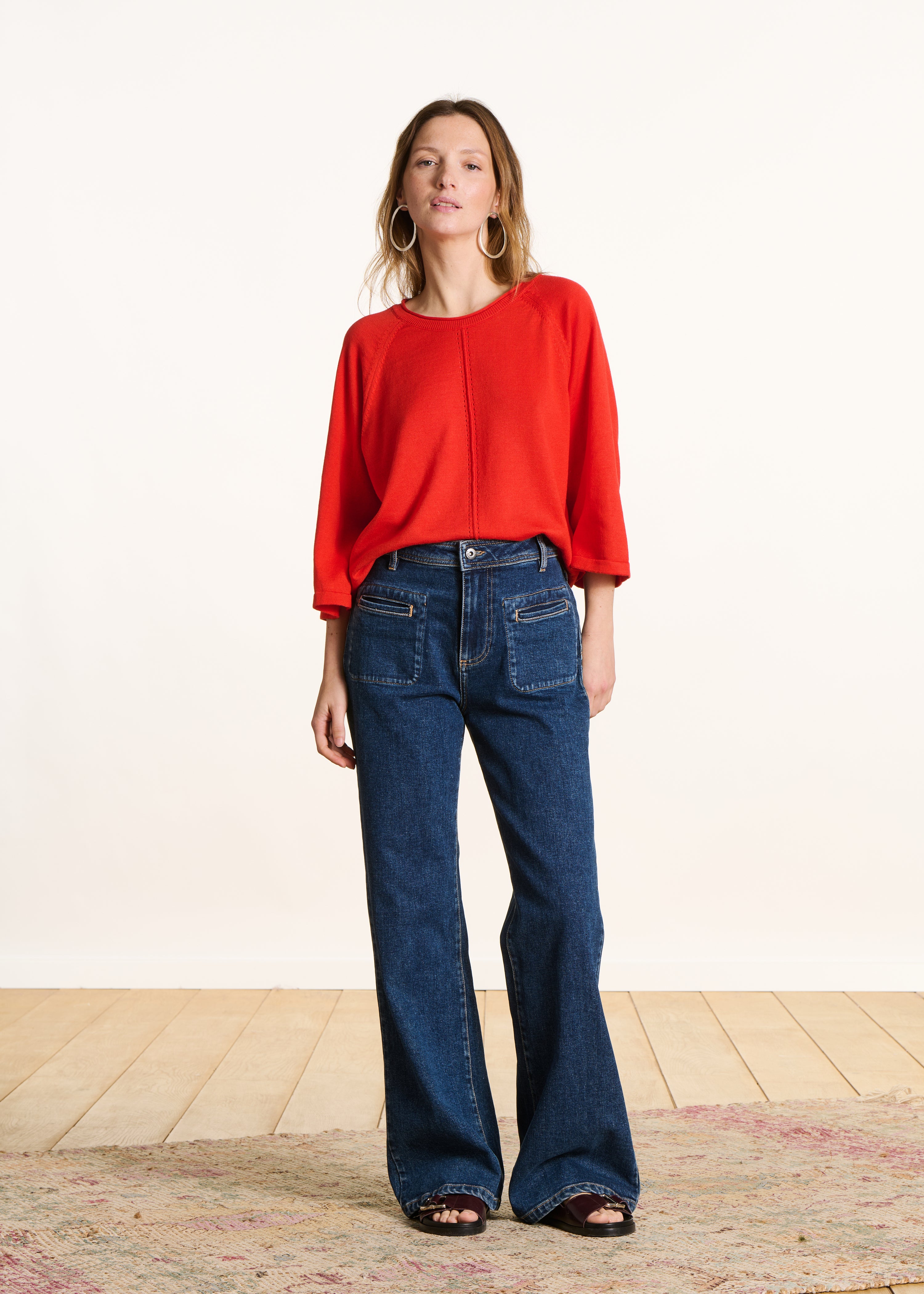 Pull rouge oversize maille fine col rond