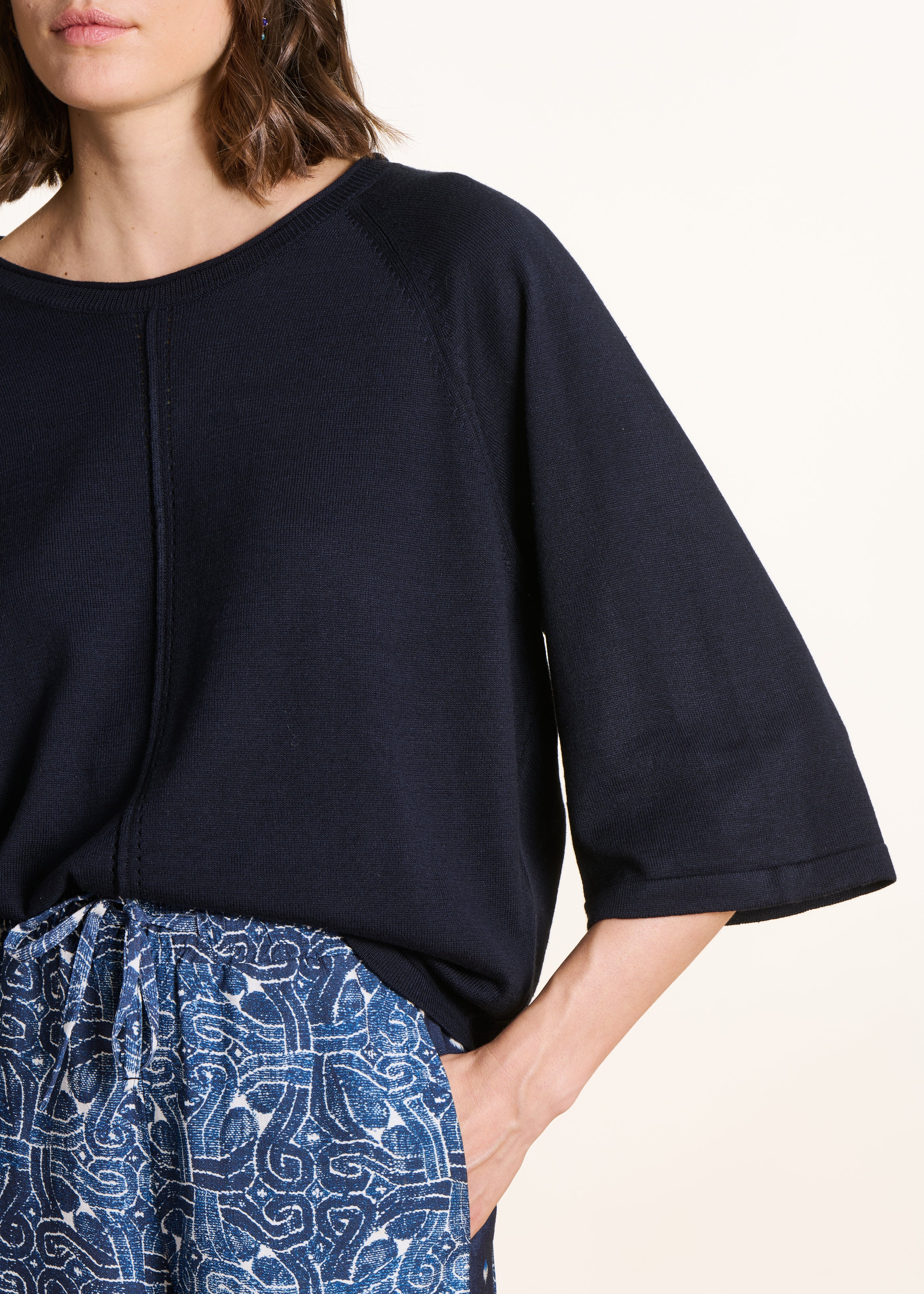Dark blue oversized fine knit round neck sweater