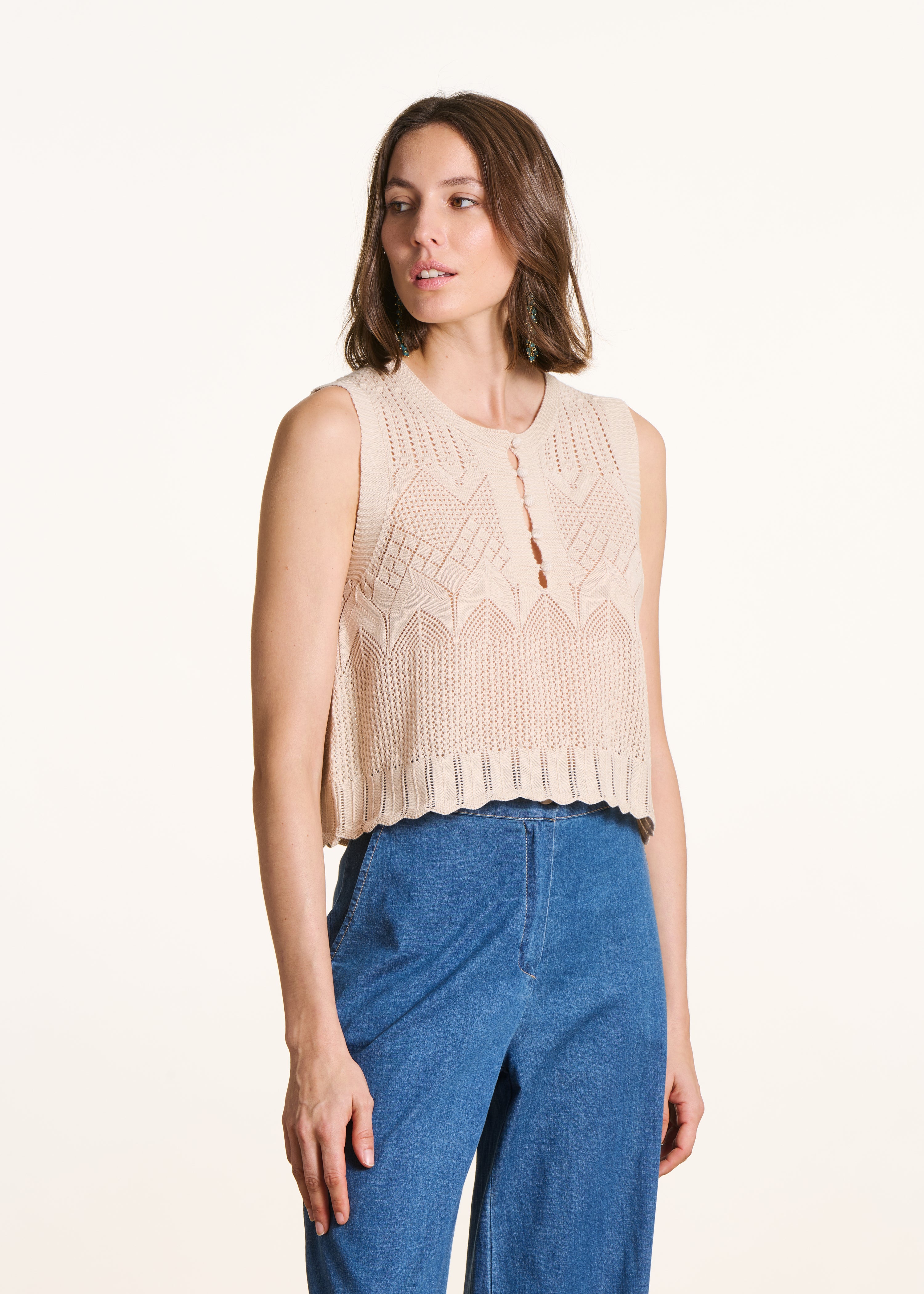 Beige Sleeveless Cropped Sweater in Pointelle Knit