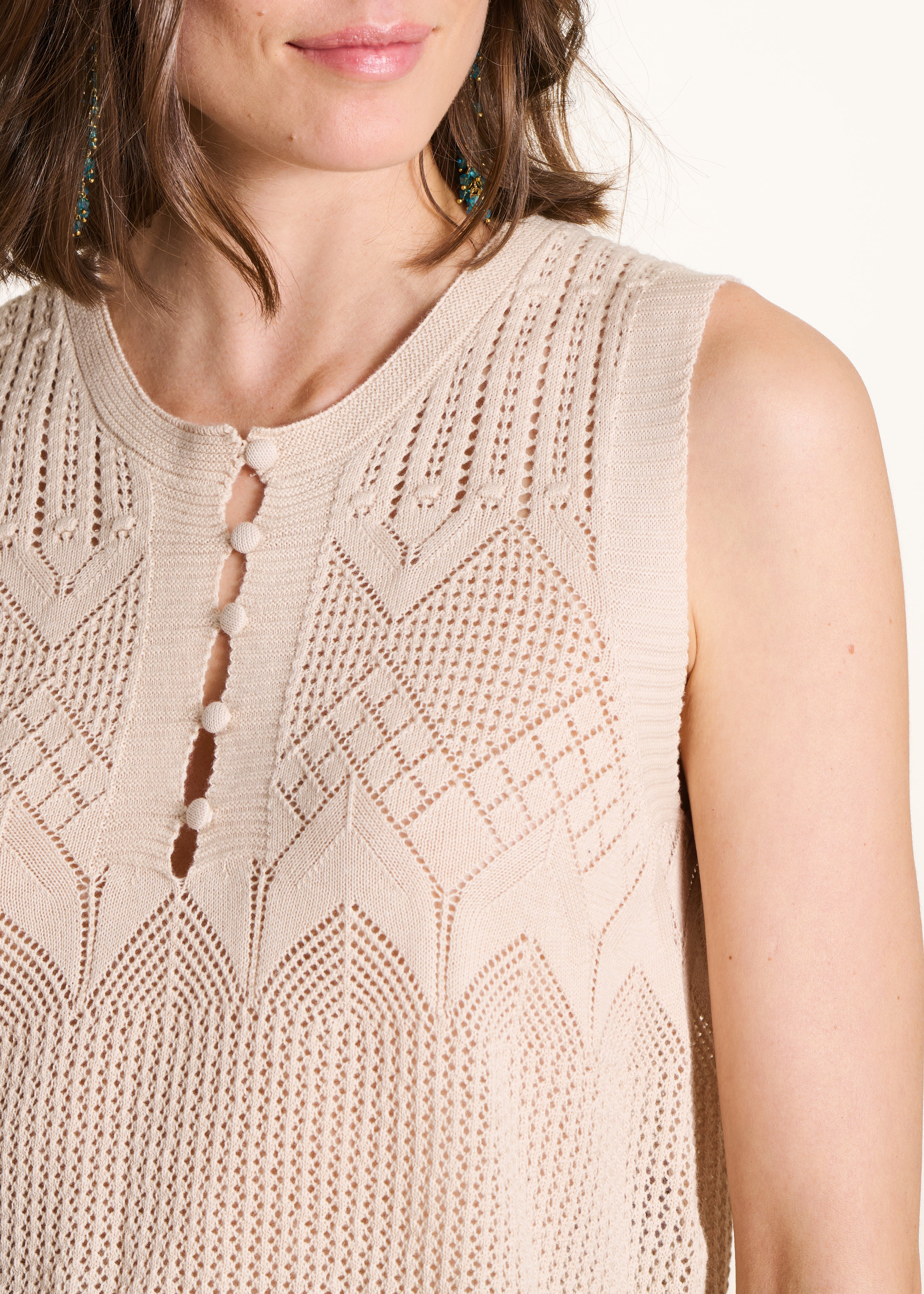 Beige Sleeveless Cropped Sweater in Pointelle Knit