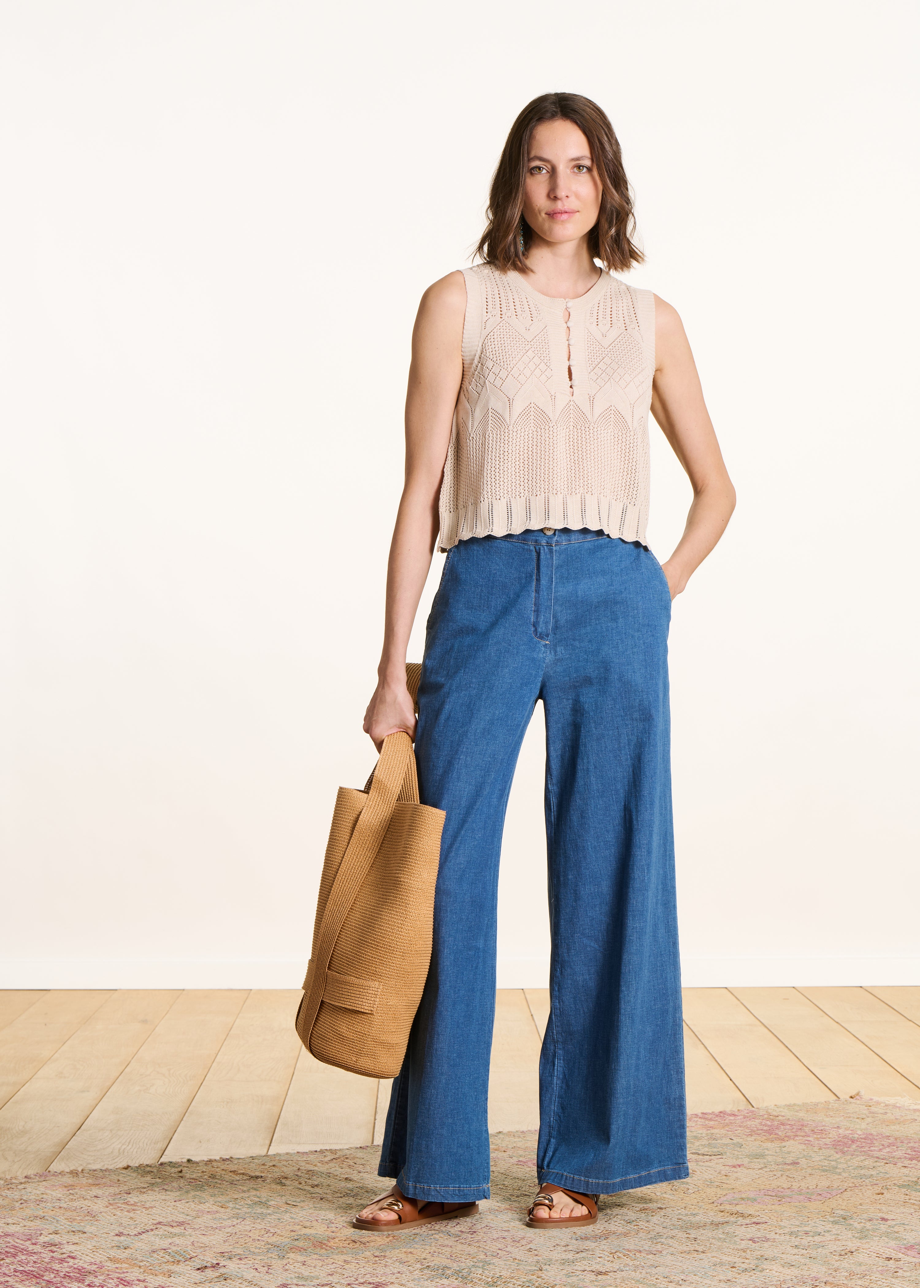 Beige Sleeveless Cropped Sweater in Pointelle Knit
