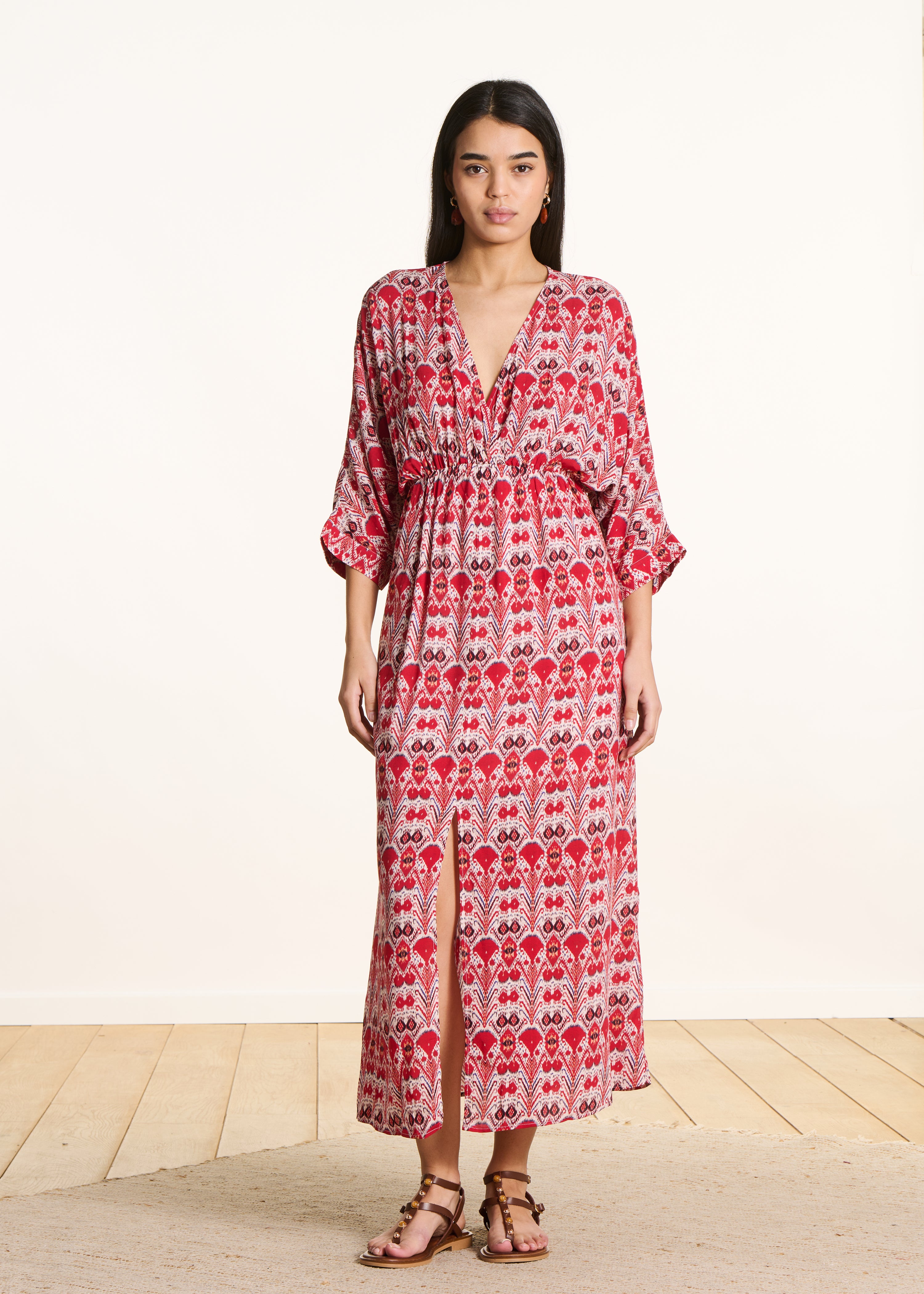 Long wrap dress with red print