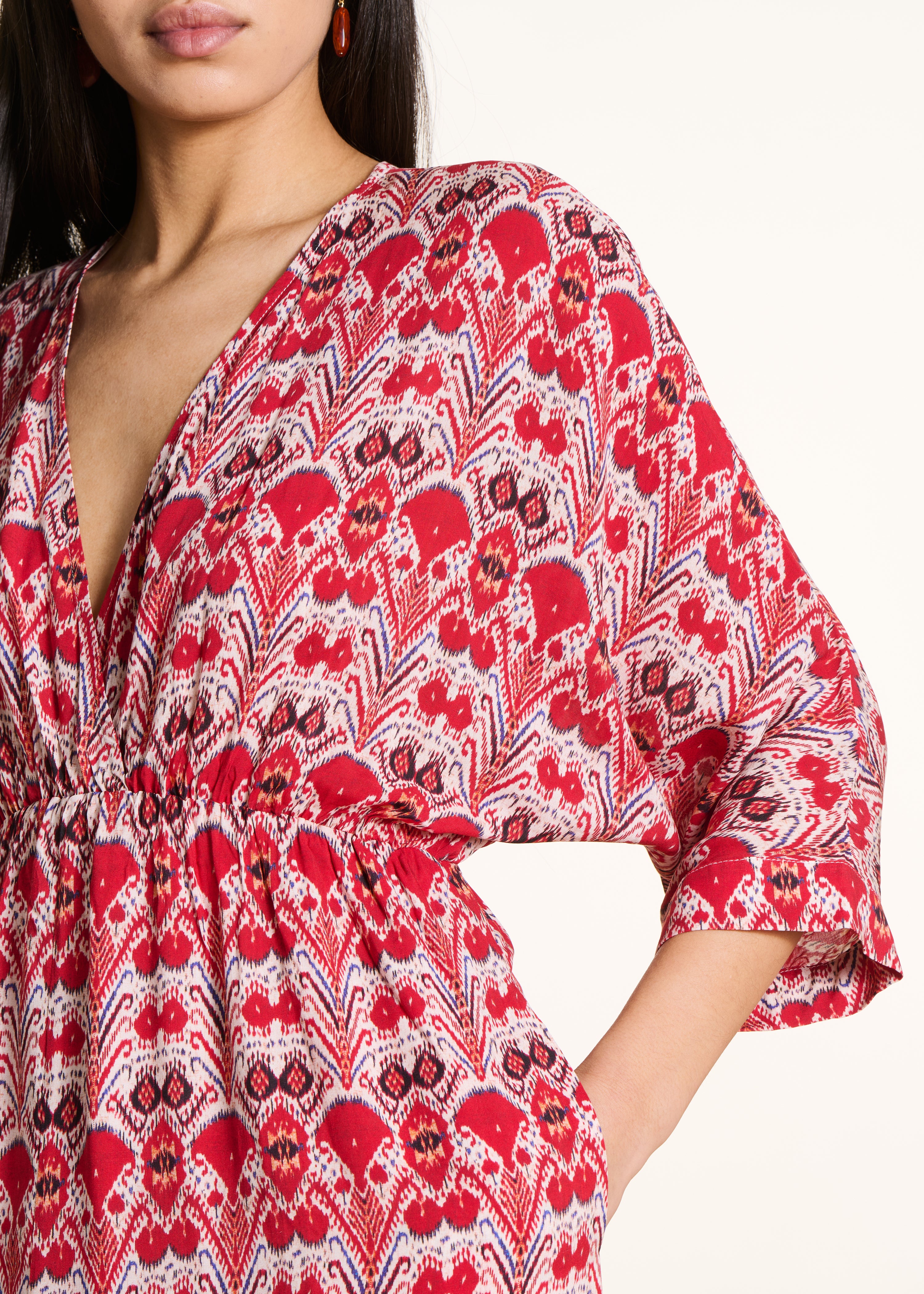 Long wrap dress with red print