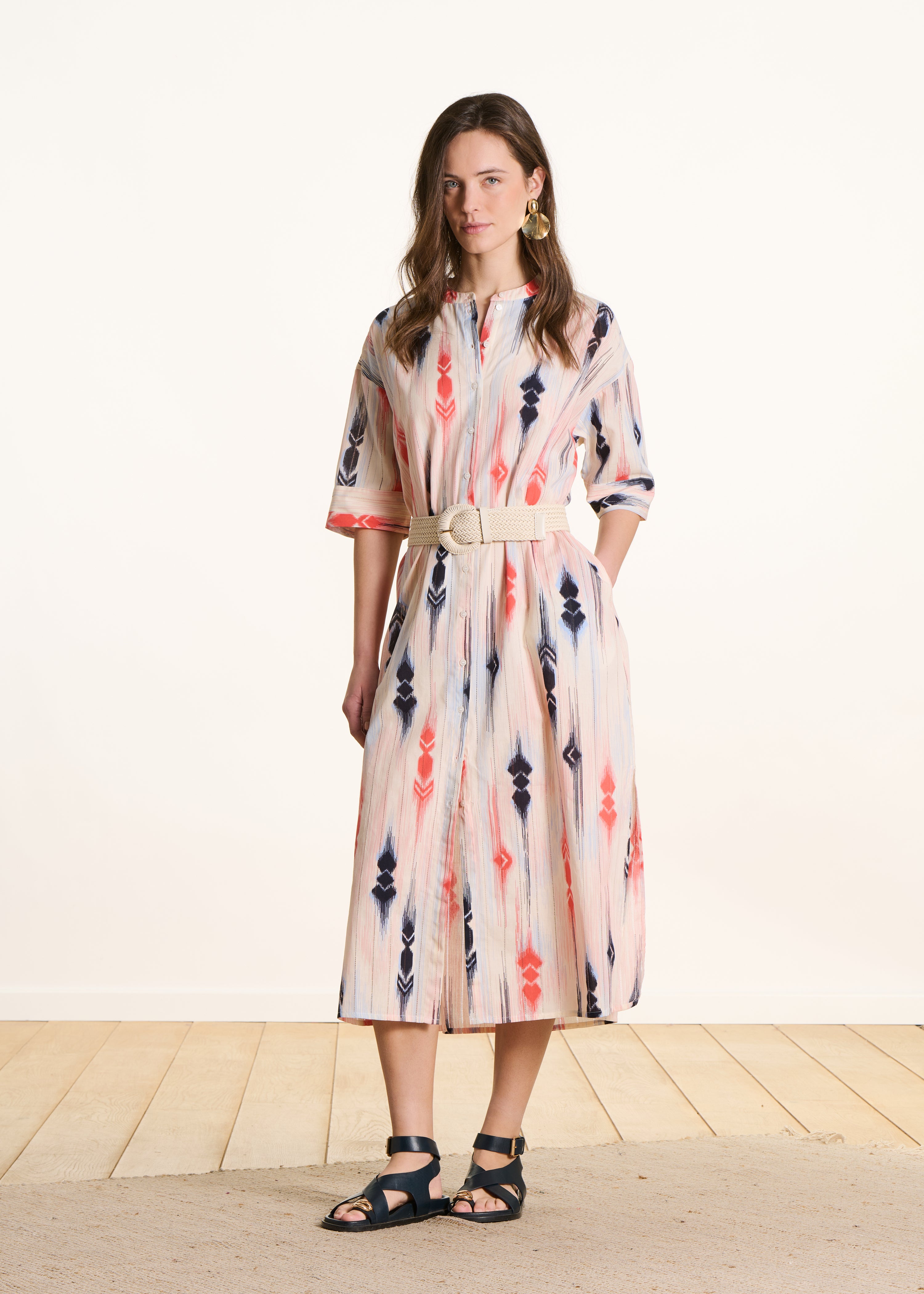 Organic cotton voile shirt dress with pink and blue print